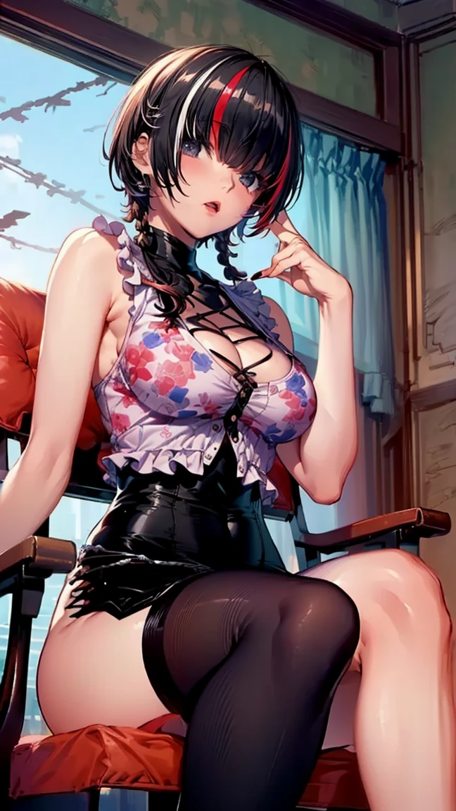 Beautiful wife 30 years old,sit down,theater,Blushing,Shy,Smile,Ear,ring,Big breasts,cleavage,Black wavy short hair,Lace exposed,Look at each other,mini skirt,(skirt lift,