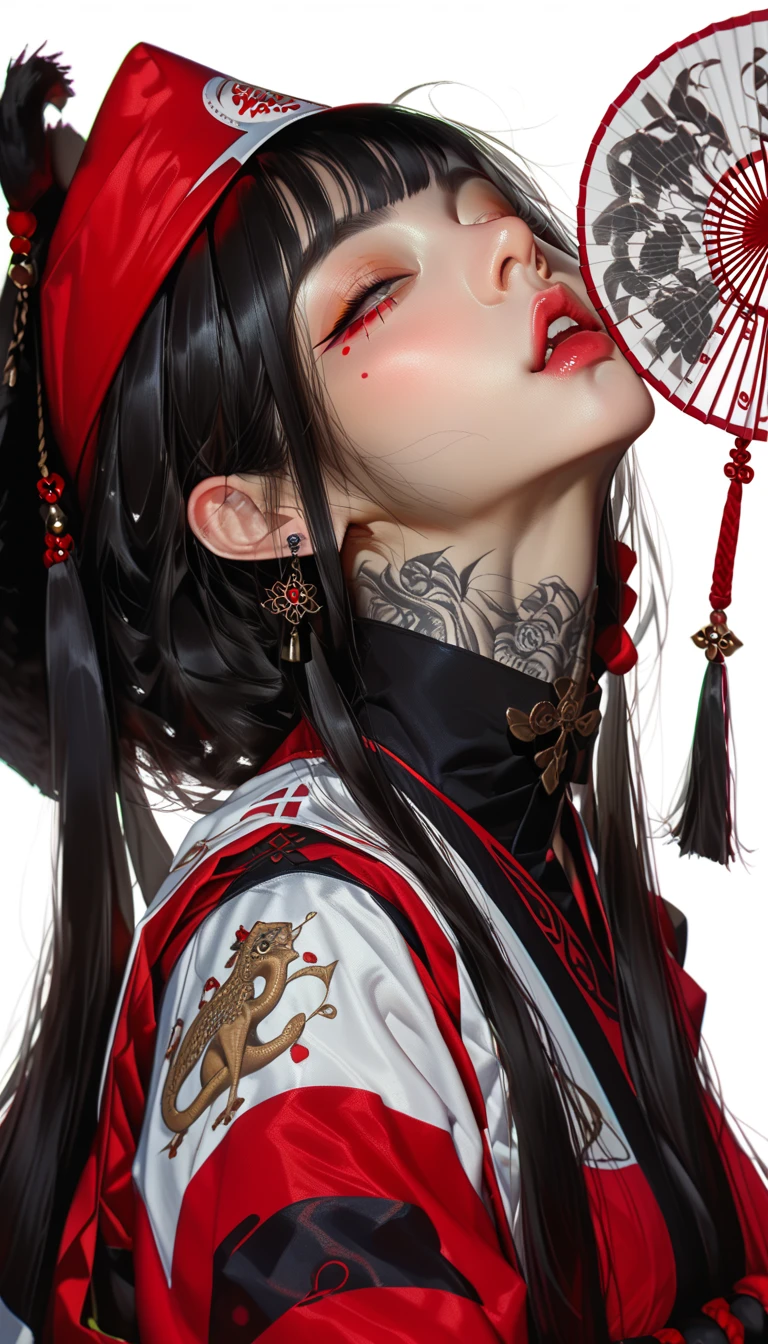 I, alone, 1 girl, yellow_student, +_+, Black_hair, High target_ponytail, Red_flower_hair_Decoration draped in bath towel