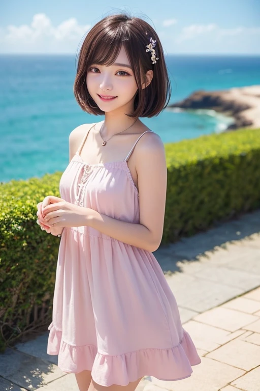 Sara-sara5, (8K, photorealistic, top quality, raw photo, bright lighting, face light, smooth professional lighting, Japan girl, super cute, realistic skin, moisturized skin, perfect model body shape, carefully balanced, bright laugh showing teeth, nice laugh, childish face, 15 years old, small breasts, camera gaze, big eyes, symmetrical eyes, under eye refreshing), (hair (bright pink, amazing pink, bright pink short)), (fashion (yellow knitted blouse, blue skirt)), flower bed with sea view