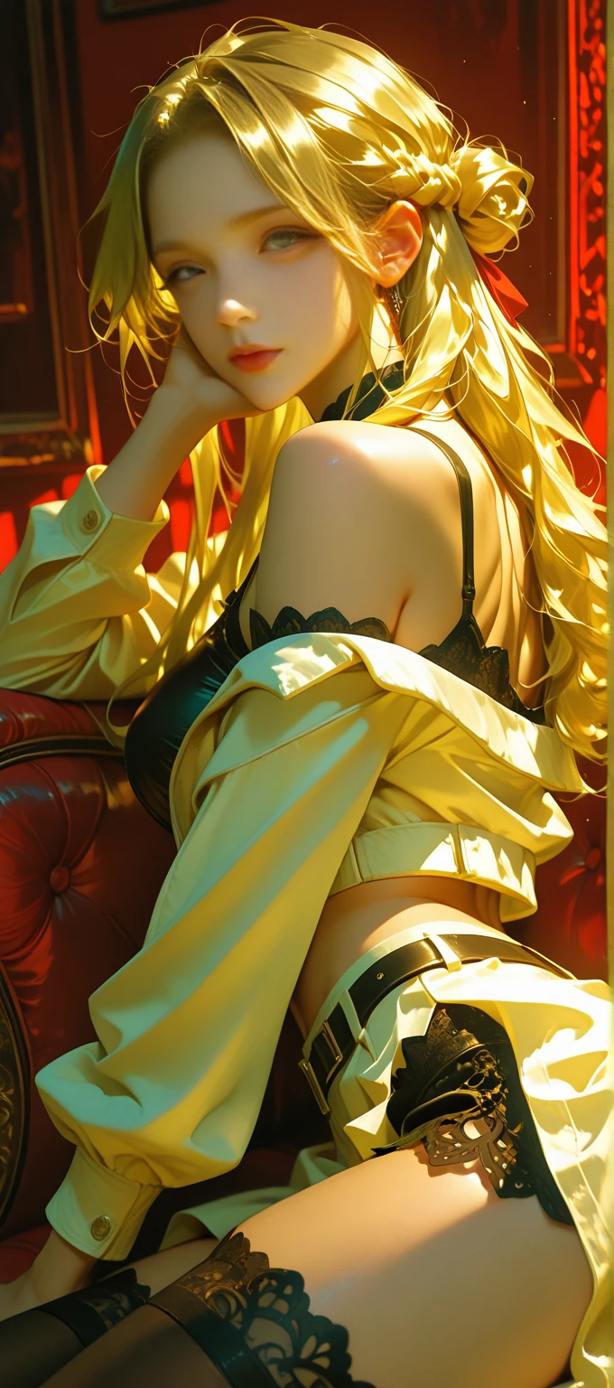 1girl, long golden hair,green eyes, dog floppy ears, in black stockings, sitting on bed, in underwear, slender body. Holding smartphone, looking at smartphone, perfect eyes, perfect quality, back to camera, yellow bad