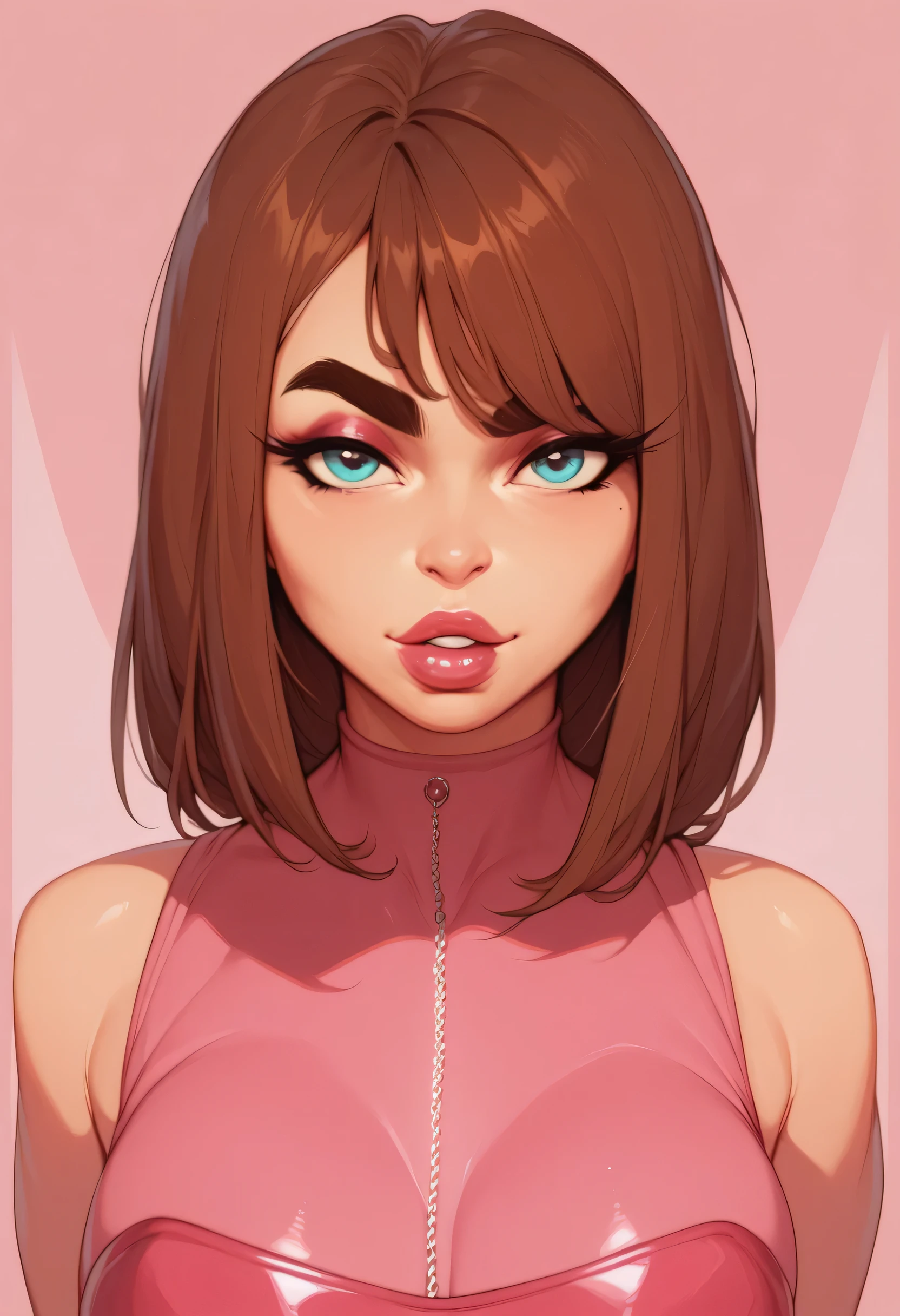 Perfect Face, Cut Straight Hair, Bright Brown Hair, Brown Thick Eyebrows, Blue Eyes, Pink Rouge, Bright Red Thick Lips, Beauty Woman