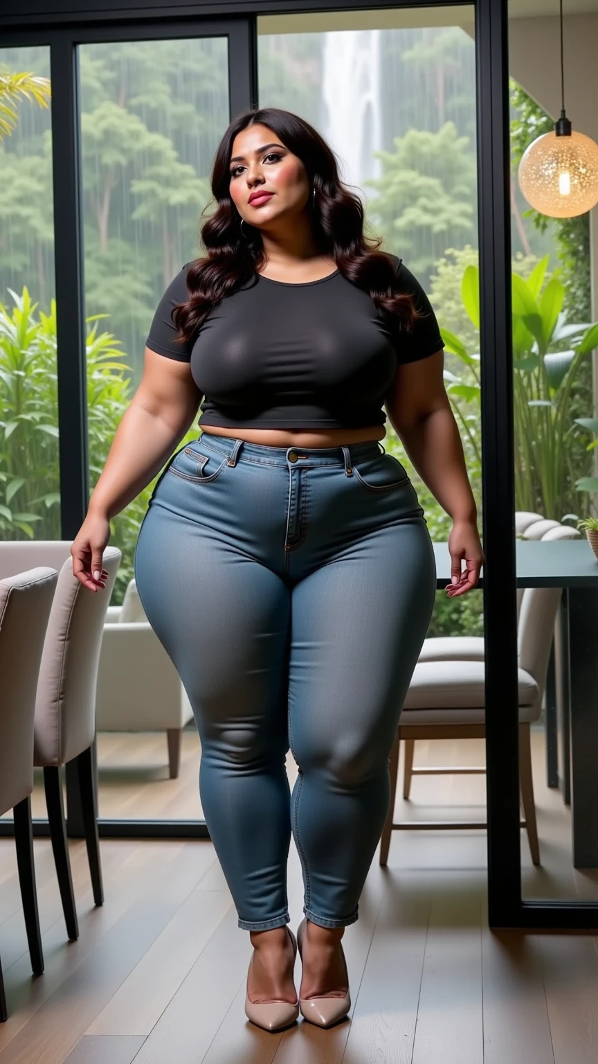 Highly detailed image, Dominican woman long straight hair, with black clothes on, highly detailed clothing, highly detailed face and eyes, curvaceous booty