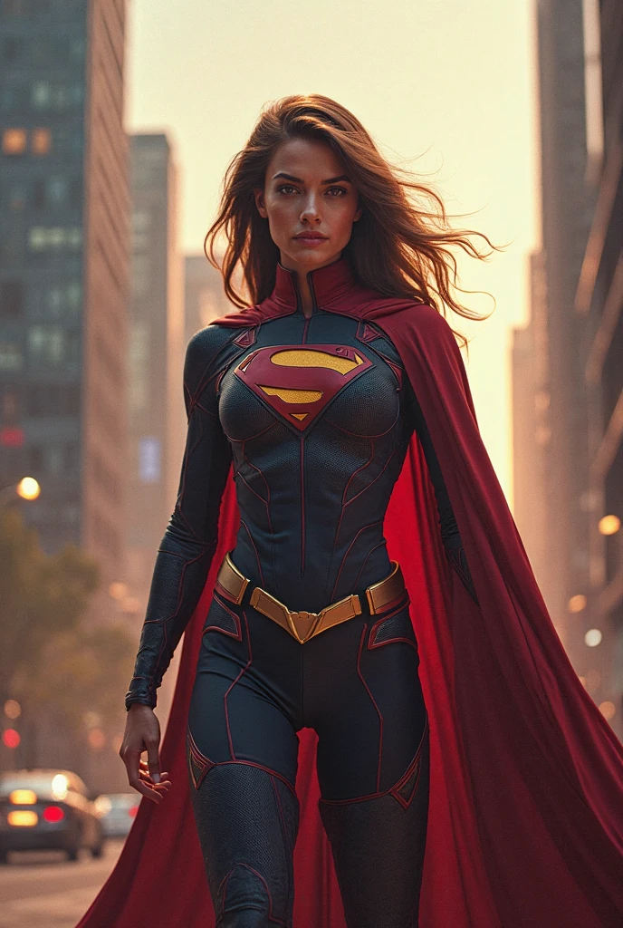 a beautiful freckled woman with pale skin, wavy hair, smiling, wearing a sexy (black superman's suit) with long red cape, with one exposed breast, (m4ry), blushing cheeks, large breasts, ultra-detailed, 8k, best quality, photorealistic, vivid colors, dramatic lighting, (red sky and sunset in the background), ponytail