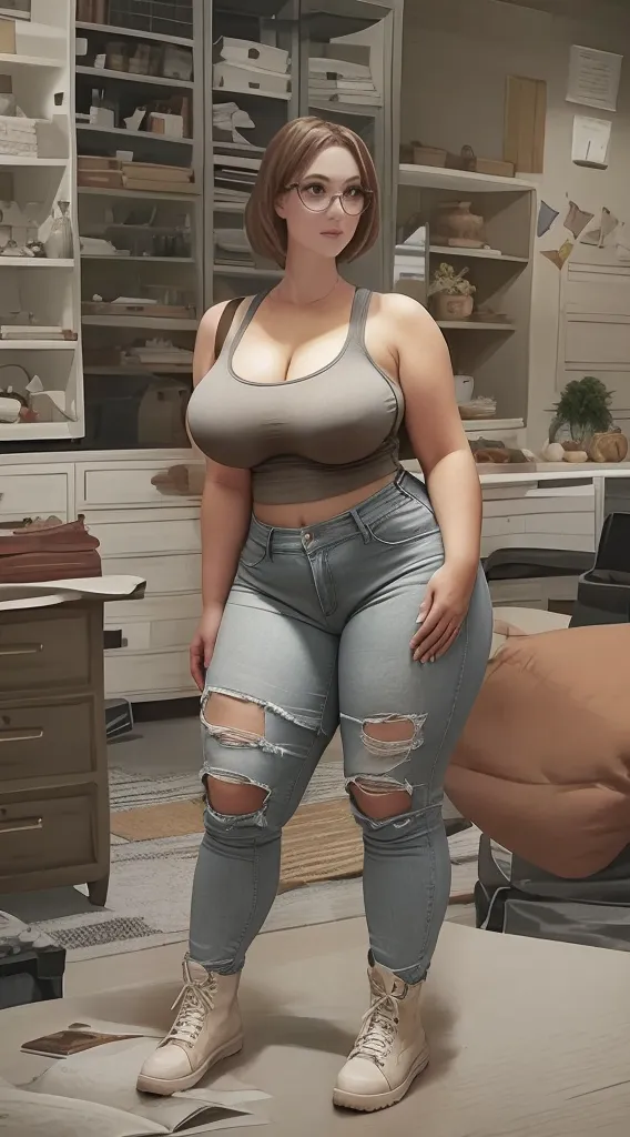 Huge breasts, Big Hips, Tank top, Denim shorts, Full Body Shot, Mature mother, Whipping the lower body, Plump thighs, Calf, Seductive mature woman, Perfect body, Plus Size Model,