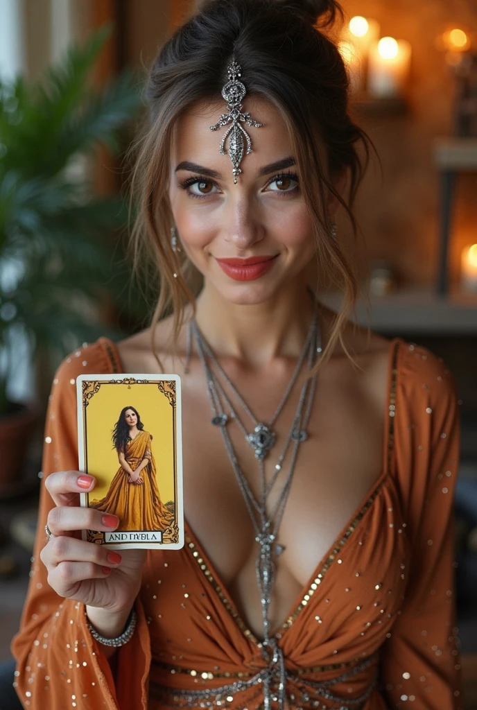 (obra de arte, high resolution, fotorrealista: 1.4), (A mystical and magical and enchanting Tarot reader, sorridente, in a beautiful room full of Tarot themed objects:1.3). Muitas cartas na mesa. (Sony Alpha a7R IV camera expertly accustomed to capturing this captivating moment: 1.2), (combined with a versatile Sony FE 24-70mm f/2.8 lentes GM, garantindo que cada detalhe seja capturado lindamente: 1.2)