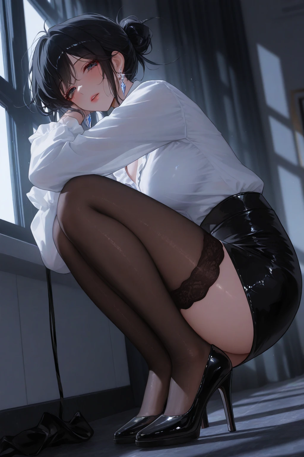 (((NFSW : 1.5))), (((pornography))), (realistic), (intricate details:1.2), (masterpiece、:1.3), (top quality:1.4), (Ultra A high resolution:1.2), Ultra A high resolution, 8K resolution, very detailed expression, ((night:1.9)),dark, (high quality), complete anatomy, natural anatomy, Detailed features, detailed facial expression, full body photo, 1. woman raped by man, 27 years old, ((korean:1.6)), (beautiful : 1.4), (shoulder length bob cut hair), earring, light makeup, Confusing wording, office uniform, identity card necklace, long legs, (wearing shiny realistic pantyhose), (high heel : 1.4), business clothes, business attire, slim suit blouse, formal skirt, be bound up, be tied up behind back, be tie up on office chair, The top of the dress was removed to the shoulders, exposing the breasts..., glowing skin, (((orgasm : 1.4))), (with a bad man),(Being caught and sexually harassed by a man at work: 1.5), Forcibly raped by a man, she can not resist, His dick was inserted into her deep throat., Lifted her skirt, legs are spread, Taped thighs and calves, Masturbation device inserted into her pussy wearing torn pantyhose., Matte, night, lights off, quiet office, office desk, office chair, without sunlight, night, (detailed background:1.2),