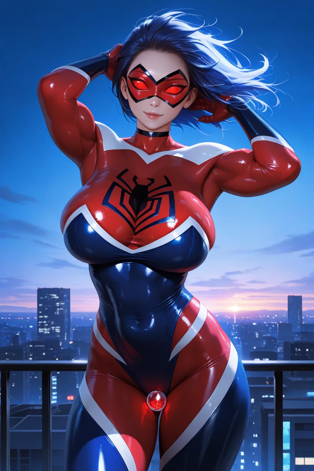 Helena in detailed Spider-Man costume, medium breasts, superhero pose, standing in ruined city at sunset, smoke, sparks, (8k), scratches, full body shot, close-up, detailed face, blue hair, purple eyes, long hair,