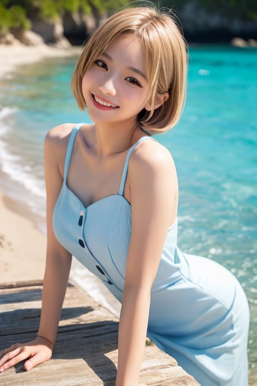 one person、13 years old、Blonde、Full body photo、slender、woman、White drool coming out of the mouth、smile、Natural Shorthair、 Fair skin, messy hair, super cute、Soft and Face、8K resolution、Surreal、Ultra high definition、 A-cup small breasts((Highest resolution、8k、masterpiece:1.3))、Ultra-fine face、Ultra Fine Lips、Beautiful Eyes、double eyelid,Light blue wall、White striped bandeau dress:1.1、Thighs、thin,Thighs are visible、Shapely small breasts、Sitting in a chair