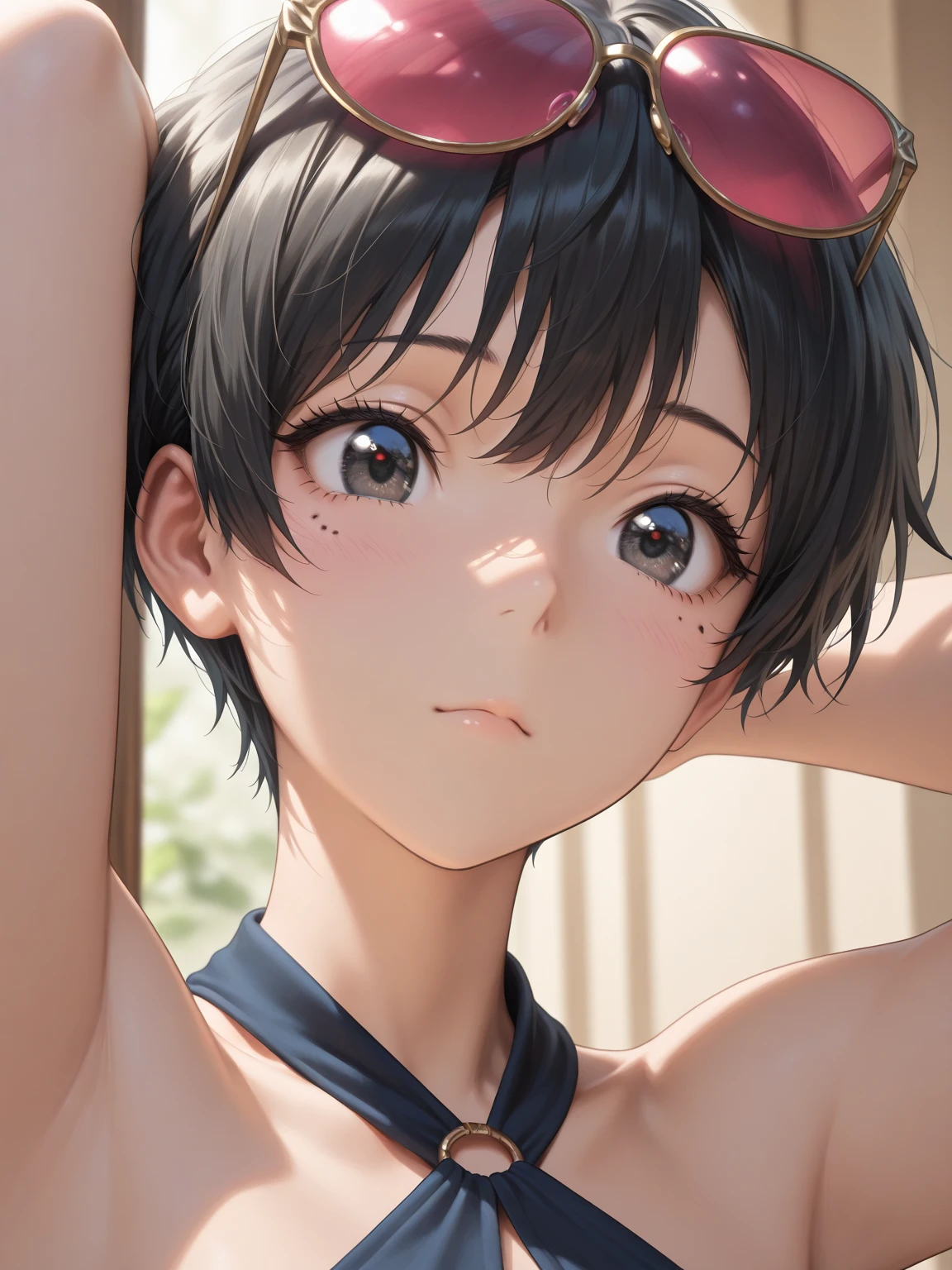Japanese,Innocent face,Teenage Girl,cute,marble cute micro bikini,Close-up photo from the waist up,double bun,blunt bangs,short hair,Hair Clip,(blush)