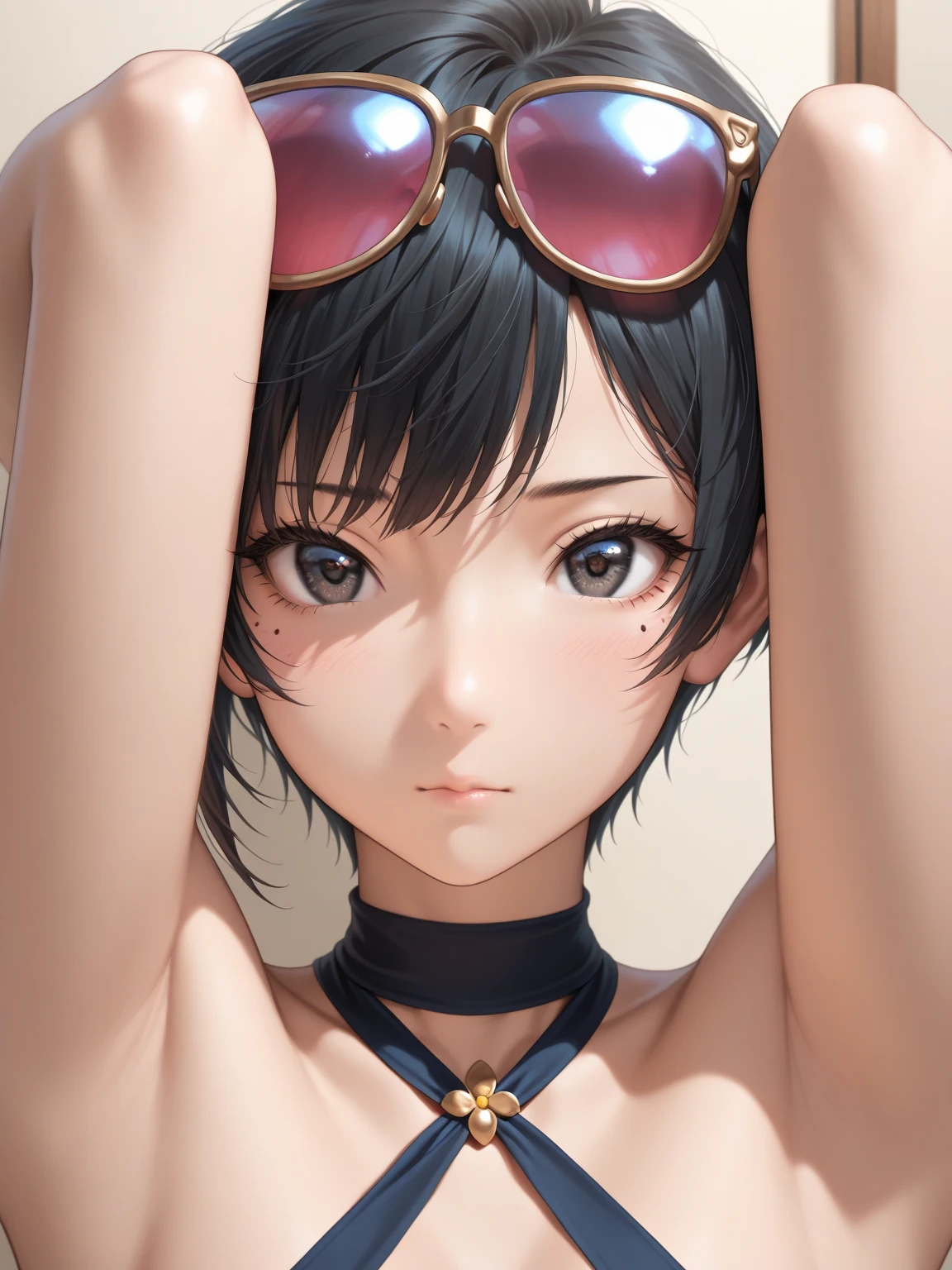 himeno \(chainsaw man\) eyepatch, beautiful smile, bright moon lighting, nostalgic dark room background, shadow lighting, wearing no clothes, nudity, big boobs, pushing her boobs together sexually, laying on back on a bed