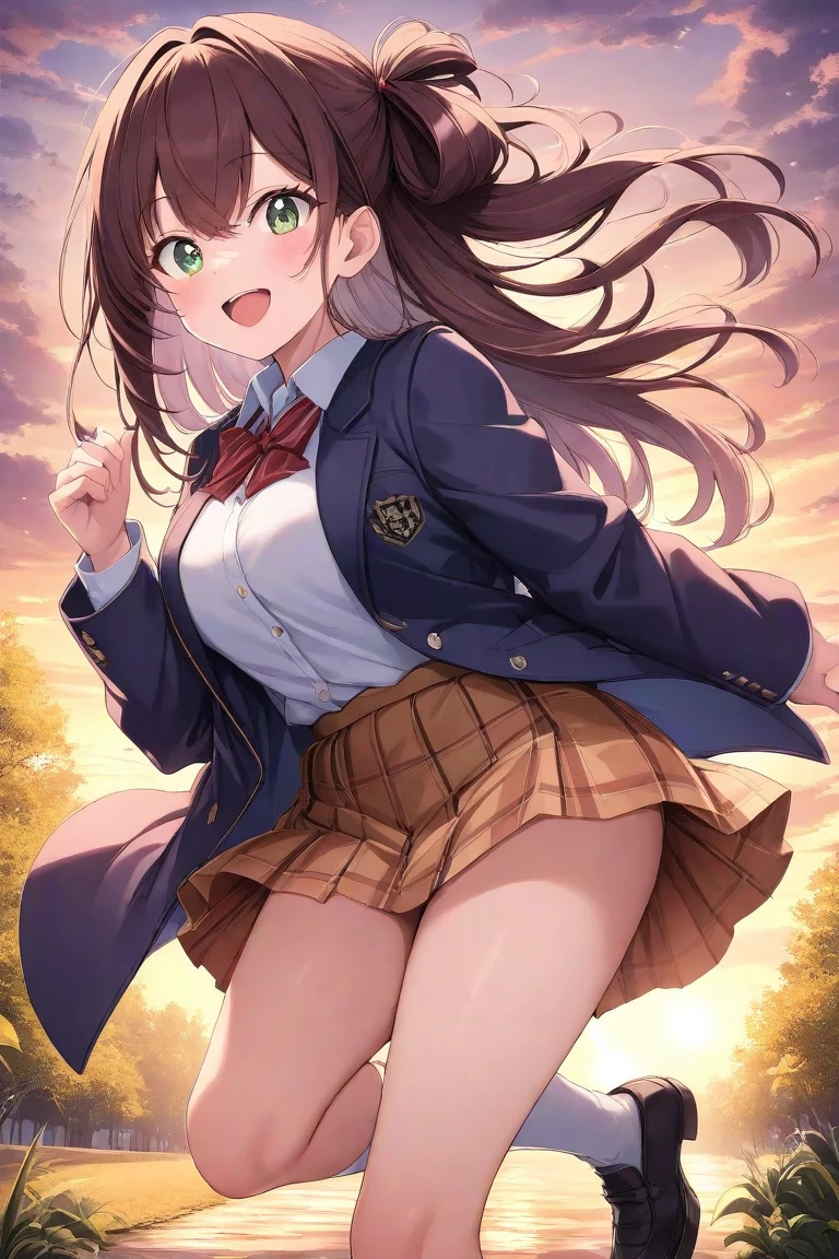 ((masterpiece, highest quality, High resolution, UHD, perfect pixel, Depth of the bounds written, 4k, RTX, HDR))), 1 girl, ((long hair, bangs, brown hair, curly hair:0.8)), ((green eyes:1.4, round eyes, beautiful eyelashes, realistic eyes)), ((detailed face, blush:1.2)), ((smooth texture:0.75, realistic texture:0.65, realistic:1.1, Anime CG style)), Low - Angle, from below、multiple views、perfect body, ((throw, close)), ((red tie, , brown cardigan, black jacket, open jacket, white shirt,Embroidered panties、 black skirt, Plaid super mini skirt)), smile, amusement park, Cherry Blossom
