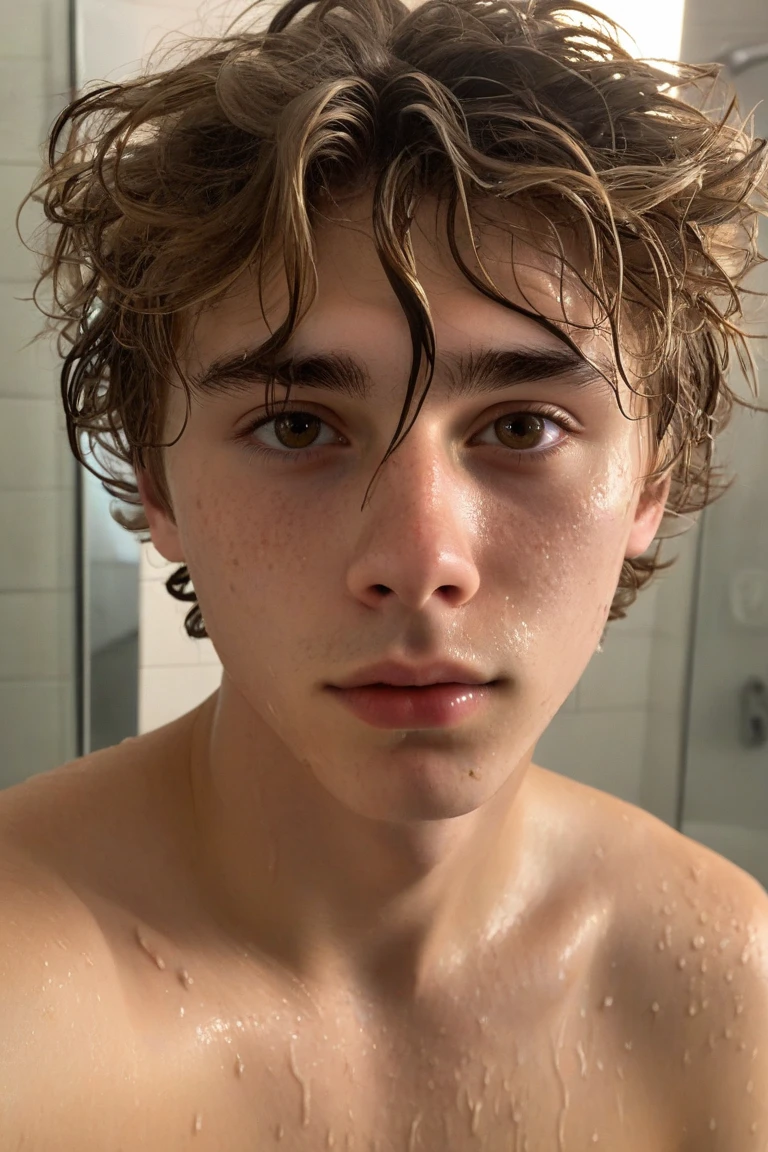 Walker scobell beautiful teenage boy blonde curly blue eyes cute angelic shirtless in pool realistic 8K resolution