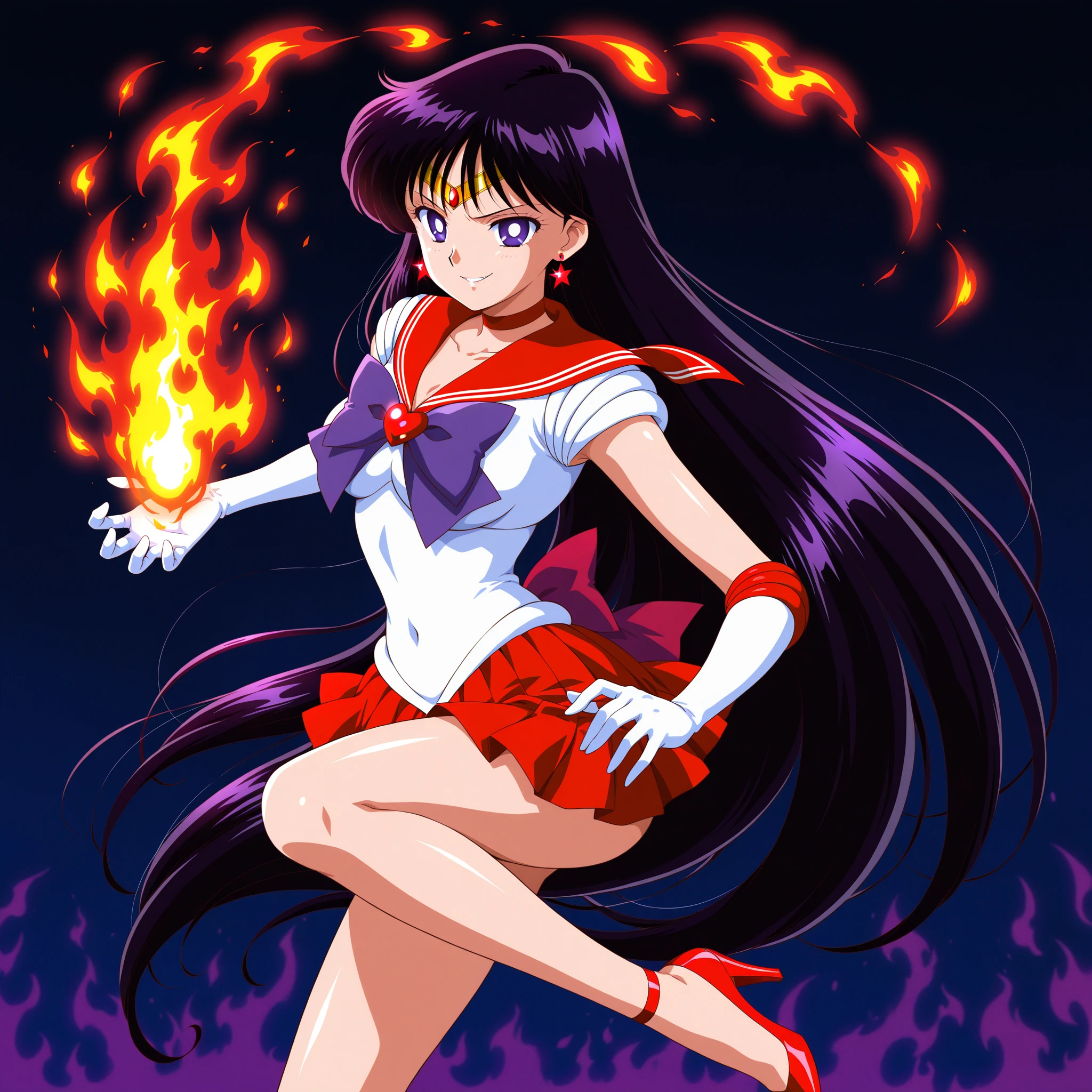 masterpiece, best quality, 1girl, sama1, (tiara), star choker, elbow cyber gloves, (pleated skirt:1.1), bare legs, purple bow, red cyber suit, futurist, neon, heroic pose, mars background, black long hair, looking at viewer (dynamic pose), smiling, flying, hand with fire, (glowing eyes:1.18)