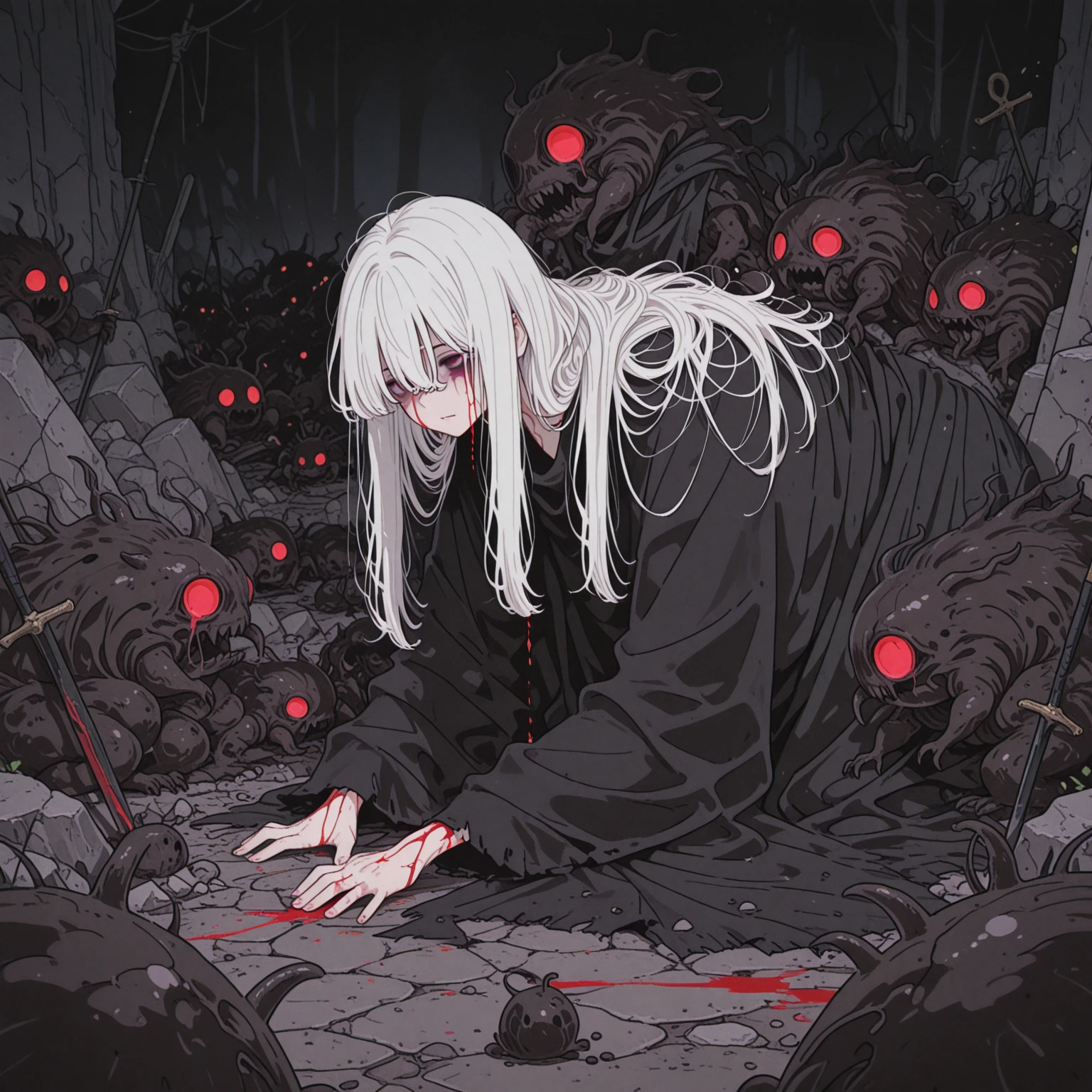 Dark atmosphere,(Background is rotten land,Dead Tree),Kneeling on the ground,cry,Tears,Long hair,(Damaged clothing),(Blood,Wound),White feathers,Blood,struggle