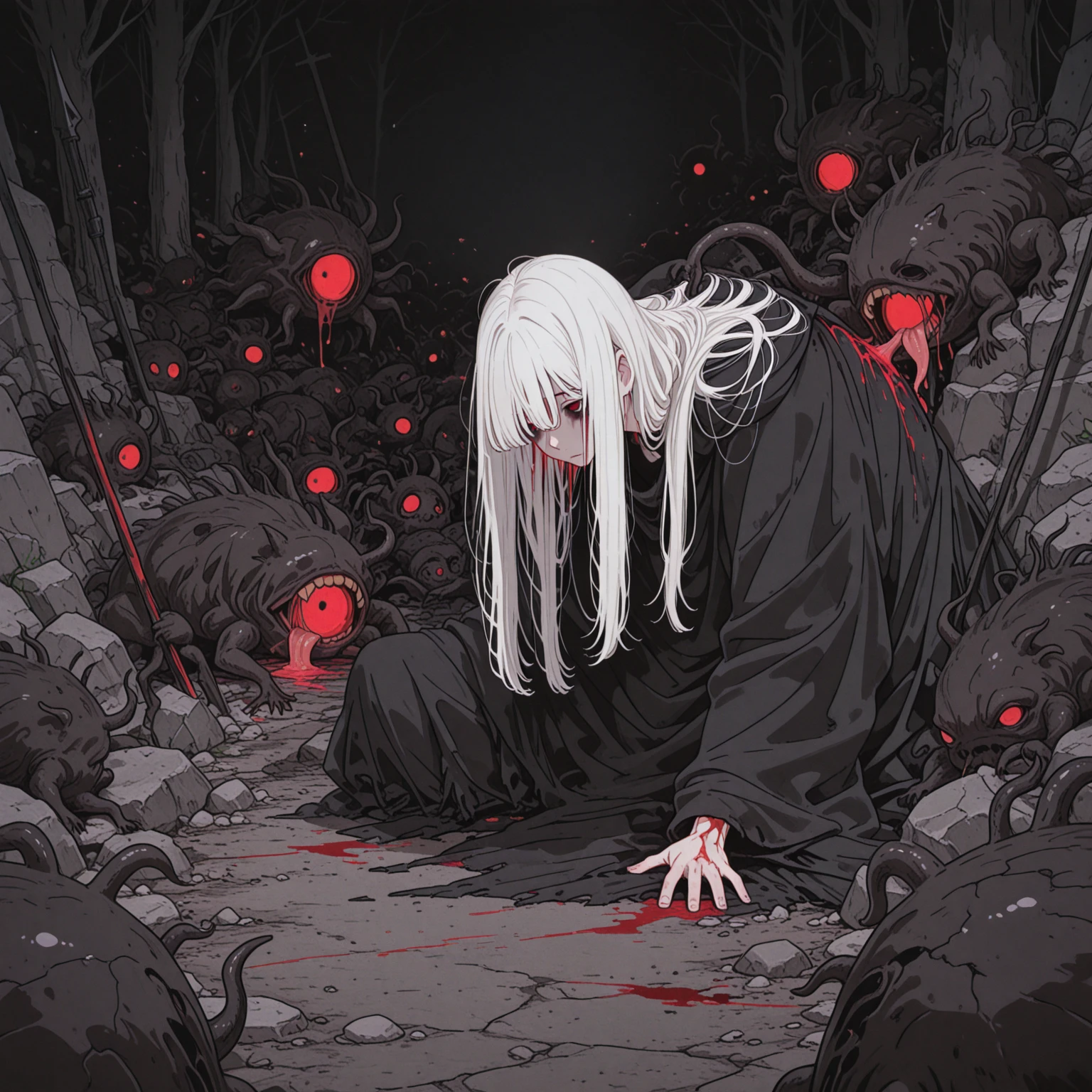 Dark atmosphere，(Background is rotten land,Dead Tree)，Kneeling on the ground，cry，Tears，Long hair，（Damaged clothing），(Blood，Wound)，White feathers，Blood，struggle