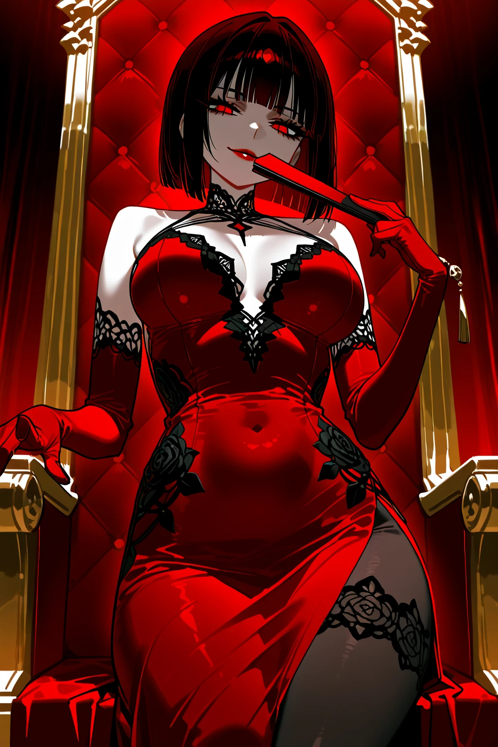 Beautiful Alluring female, wearing a very revealing dress with black and red patterns, wearing jewellry with the symbols of playing cards, wearing heart shaped red sunglasses, long black hair, Athletic Well Toned Body, Elegant Form, Bare Skin, Inside A casino booth, Barely Clothed, cleavage, long leather red gloves, thigh high leather red boots, Beautiful Face, Ominous Gothic Theme, Fiverr Dnd Character, Octane Render, Digital Art, Extreme Detail, 4k, Ultra Hd, Polished, Beautiful, Hyperdetailed, Intricate, Elaborate, Meticulous, Photorealistic, Sharp Focus, Wlop, Character Design, Unreal Engine, 3d Rendered, Volumetric Lighting, Reflections, Glossy, Digital Illustration, Pose, Suggestive Pose, Lewd, Full Body Shot, very small breasts, anatomically correct 💖❤💕💋❣