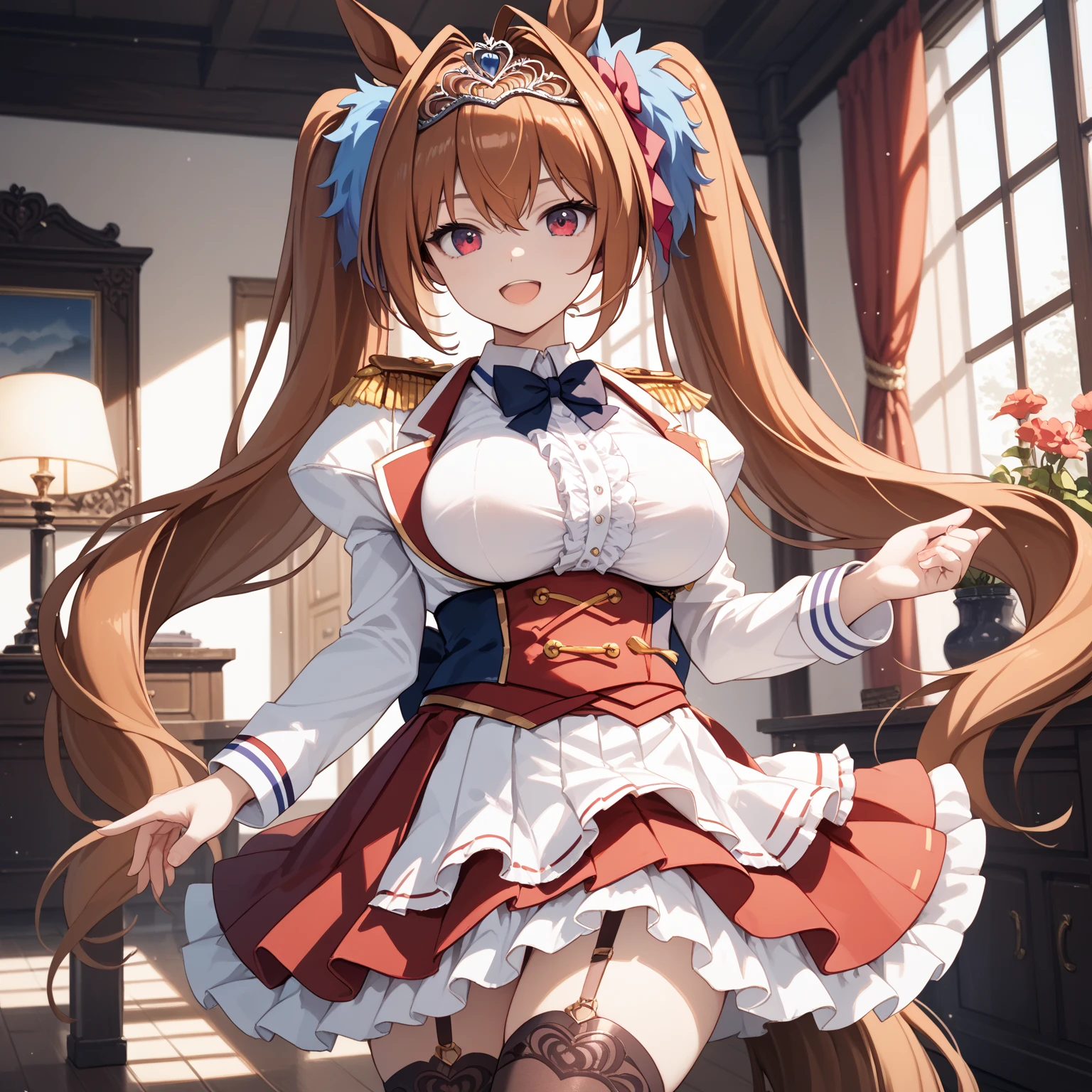 Masterpiece, Top Quality, 8K, (Smile: 1.1), (Big: 1.3), Clearly Visible cleavage, Chest-Sticking Costume, Huge Breasts, Perfect Breasts, Amazing Bust, Taut Bust, (Red Costume: 1.3), (Sailor Suit: 1.1), Pleated Skirt, (Mini Skirt: 1.2), Garter Belt, Knee High Socks, High Heels, Boots, Long Hair, Brown Hair, Black Ribbon, horse's ears, tail, right hand placed on the back of the head, left hand on the hip, wink, moisturized eyes, estrus expression, shy face, blush, shy figure, ecstasy