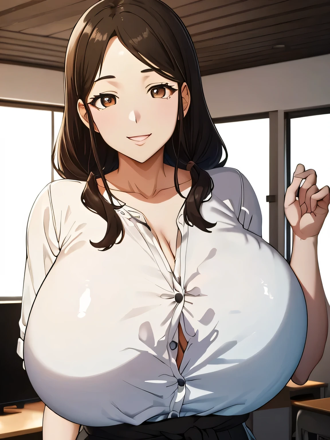 (超High resolution,4K,Very detailed, photograph, 8k, High resolution, High resolution, Absurd:1.2),25 year old Japanese woman,Black Hair,Beautiful character design,Beautifully detailed eye depiction,Perfect Face,Expressive eyes,Brown eyes,Please smile with your teeth showing,bunker,A business-style collared shirt that fits snugly against the skin,Fitted Spandex Apricot Pencil Skirt,(Huge breasts:1.2),Tight waist,Mature Woman,Natural smile,In the living room,evening