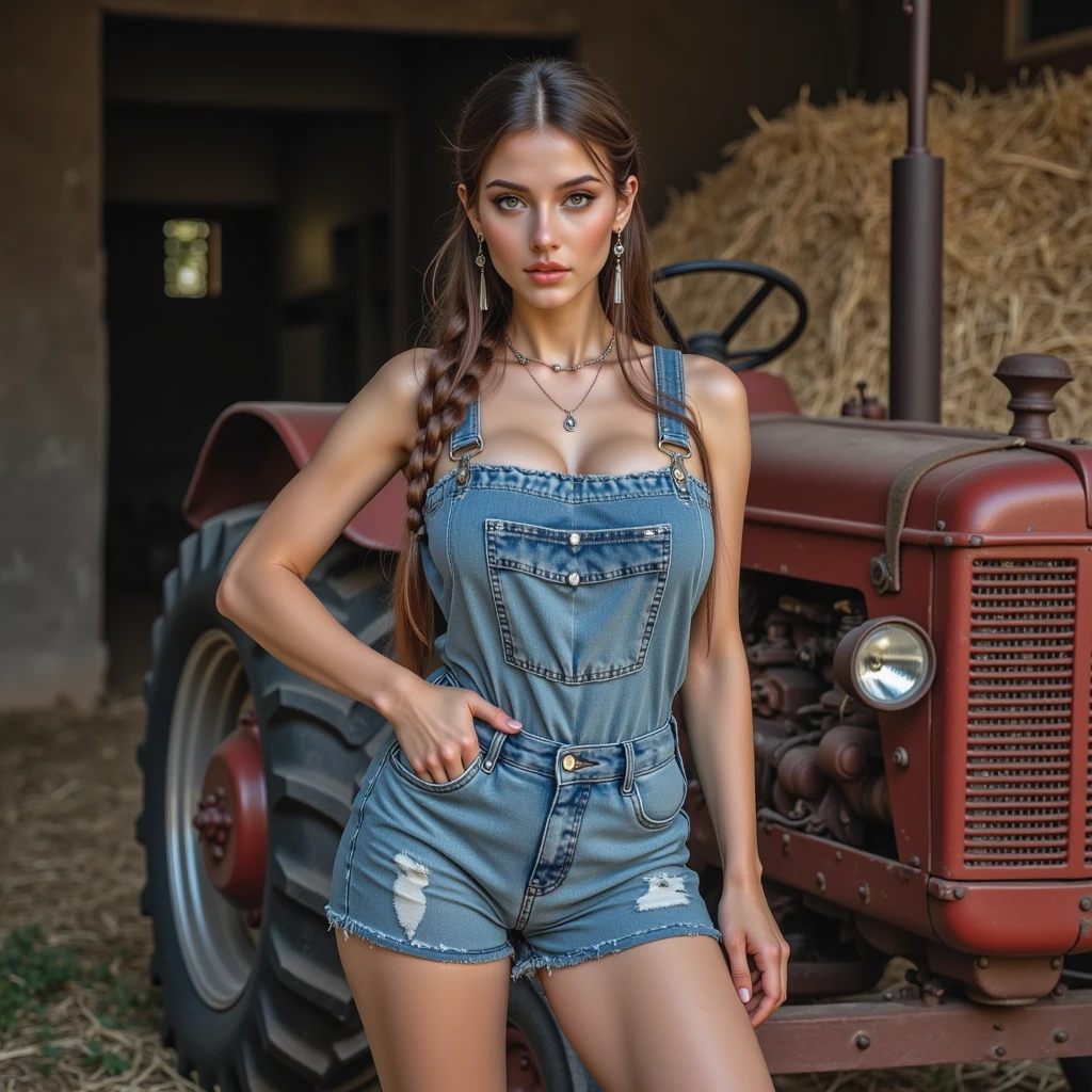 (((full body image of woman))), instagram model Rachel Cook.  Full body portrait of A fashion model, glamour, black long wavy hair, (((bright blue eyes))), mischevious smile, very detailed face, very detailed eyes.  Large breasts.  ((Old, worn, ripped, very faded, denim short shorts, bare thighs)).  ((tied shirt, white shirt, no bra, naked underneath, bare breasts)), breasts, cleavage, old, worn cowboy boots.  Farming, sitting on the drivers seat of a large tractor, about to plow a field.  Legs apart, legs open, partially_visible_vulva.   ((Dirty, Dirt on her clothes, dirt on her body and skin)).  bokeh, 8K, High quality, Masterpiece, Best quality, HD, Extremely detailed, voluminetric lighting, Photorealistic