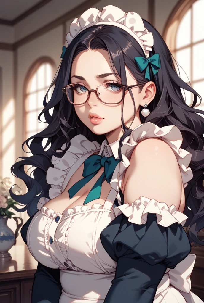 (64k, RAW photo, highres, best quality, masterpiece:2.0), (ultra-fine depiction of the detail:2.0), (realistic, beautiful, photo-realistic:1.3), 1girl, (yuri alpha), (long black hair, slightly messy), (single braid bun), (shiny black hair, blue-gray eyes),(cool glasses), (gothic style vivid blue choker), (blue bowtie and ribbon) (simple but high-quality maid dress), (elaborately designed, vivid dark emerald green, spiked gantlets), (solemn maid dress with gothic style coreset), (huge breasts, sexy cleavage), (elegant and handsome woman), (shiny skin, pink lips), (looking at the viewer), (closed mouth, a faint smile), (in a study room, filled with solemn atmosphere), (highly sophisticated professional HDR, with effective ambient occlusion, perfectly optimized effective spot light and front light:1.8), (perfect, natural, harmonious composition), (photo-realistic, ultra-detailed:1.5), ((portrait:1.6))