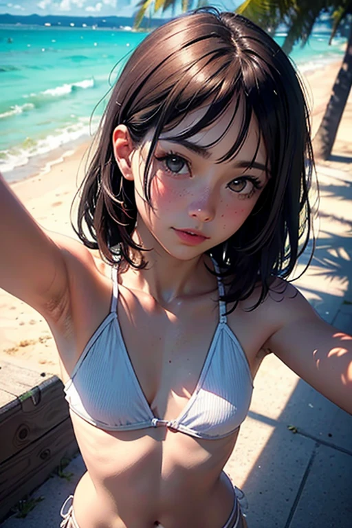 girl in summer clothes, top shot,((selfie)), brown eyes, random background, kiss, beautiful, medium breasts, flirtatious look, ((very detailed)), (perfectly detailed face), (well detailed hand), photorealistic image.