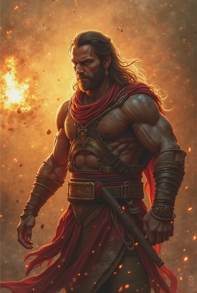Create a dynamic and intense poster featuring a flexible body, but not bulky muscular body, holding a burning torch in his hand. The men should have short wavy hair, a thick beard. His attire should consist of a sleeveless, rough-textured garment, emphasizing his powerful arms, with blood.Surround him with a dark, chaotic background filled with flickering torches, and a crowd of shadowy figures in the distance. The overall color scheme should be warm, dominated by shades of orange and black, creating a fiery, dramatic atmosphere. The mood should be intense and full of action.half image,