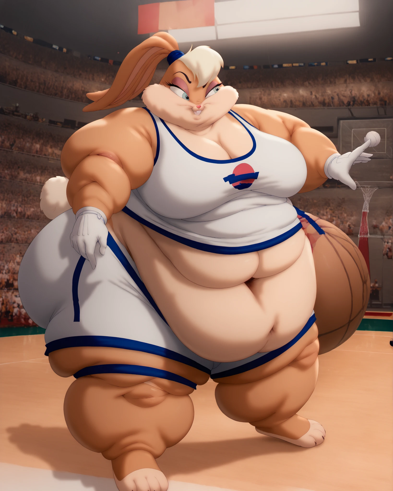 ((Dark skin)), ((dark skinned female)), ((brown skin)) ((giantess)), ((strongfat)), ssbbw, obese, ((strong arms)), white hair, blue eyes, ((tall)), (gentle smile), (wrestling gear), gigantic, insanely large belly, sweaty, subtle blush, (bare arms), ((gigantic biceps)), leotard, fingerless gloves, wrestling ring background, clear face, large eyes, ((heavy shading on lower half of the body)), ((cute face)), ((muscular biceps)), ((looking down at viewer)), ((flexing arms))