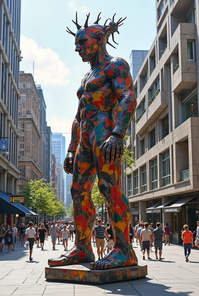 A vibrant image of a ceramic sculpture of a human figure in a dynamic, athletic pose, with exaggerated muscle definition and stylized movement. The sculpture has a colorful, mosaic-like surface, with small ceramic tiles in varying shades of blue, green, and gold. The figure is mounted on a sleek, black pedestal in a modern urban plaza, surrounded by skyscrapers and bustling city life.
