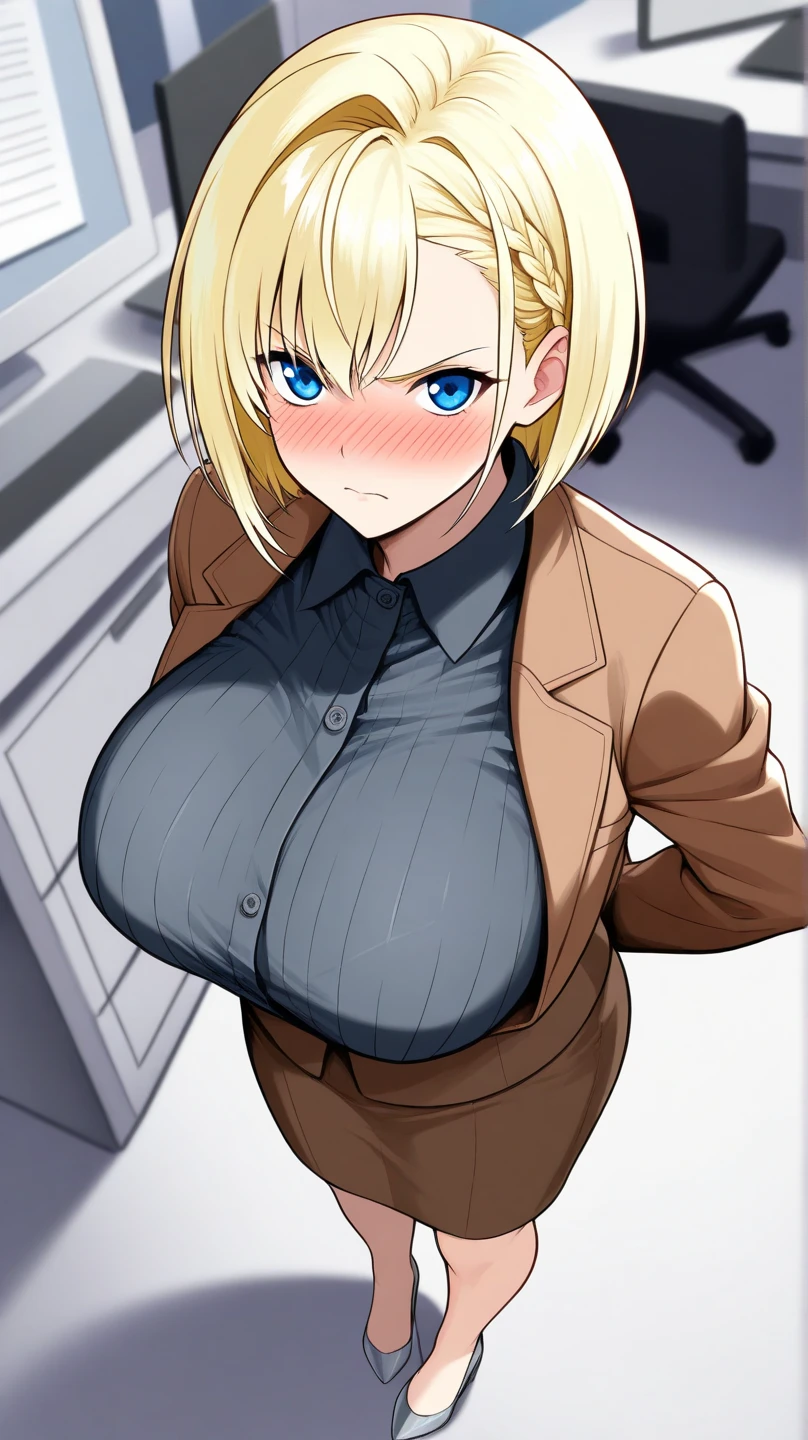((Huge breasts))、Blonde、Very short hair、blue eyes、Narrow waist、student、Navy blue blazer、slacks、necktie、Tall、Red cheeks、Perm、Put your arms behind your back、A confident smile