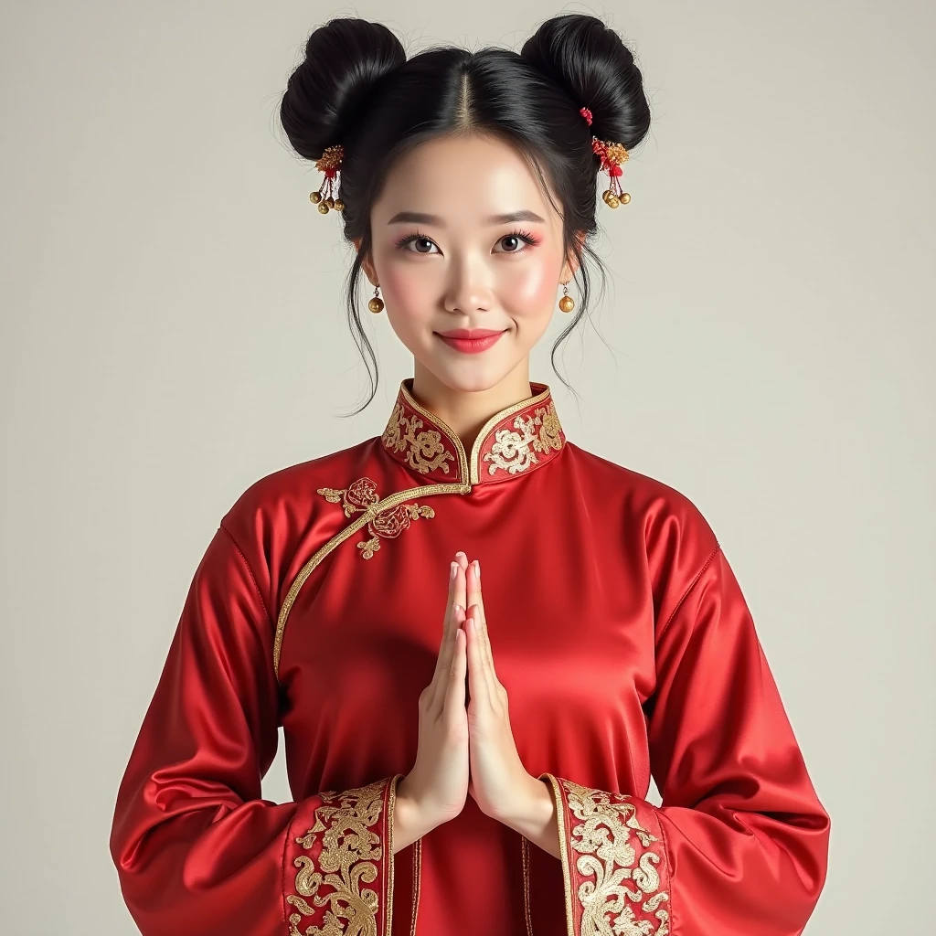 A 14-year-old girl wears a cheongsam with a bun on her head and a cute panda