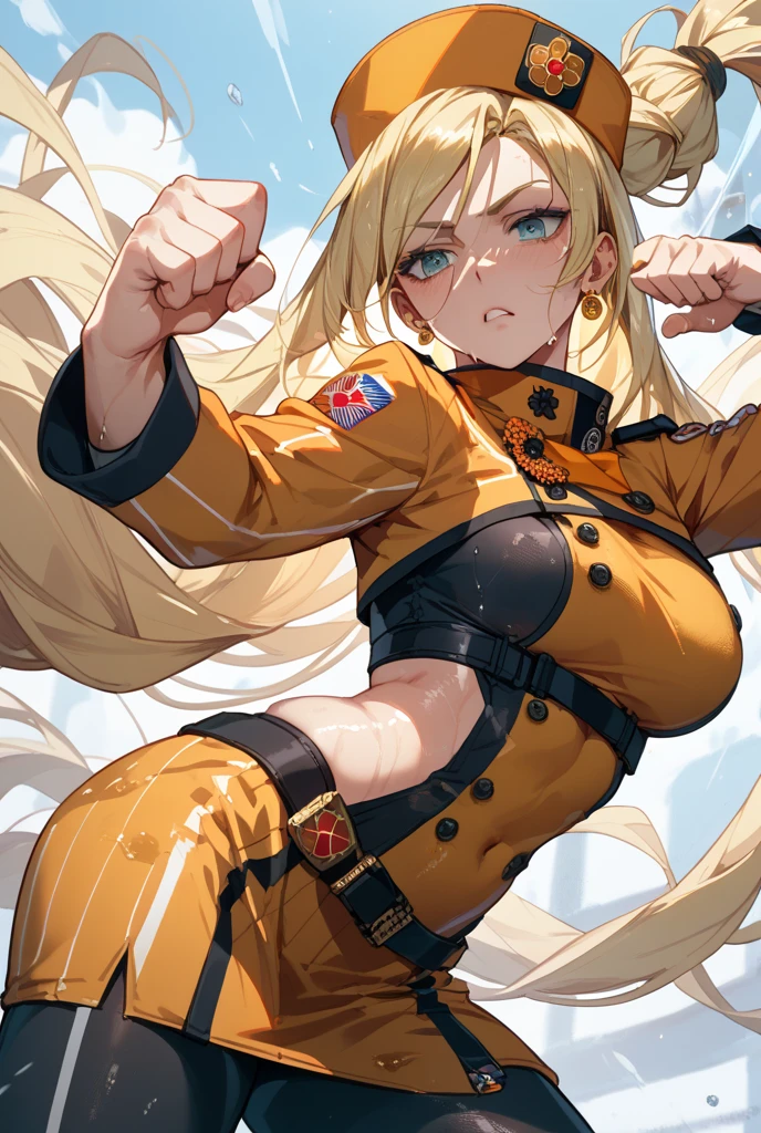 nsfw, masterpiece,(1 boy, pov hands, grab breasts: 1.3) , arms up,blush,large breasts,megami magazine,Millia Rage,guilty gear strive,