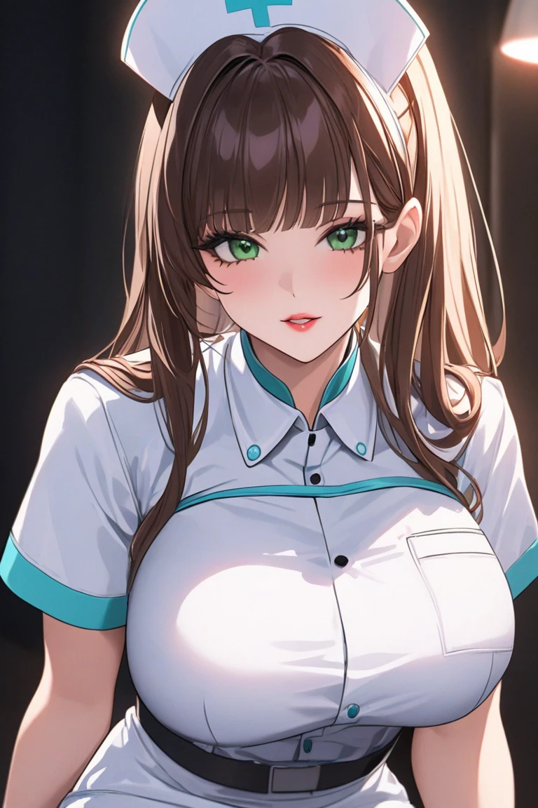 (work of art), (masterpiece), (amazing work), (magnificent work), (amazing art), (best quality, best desinger, best illustration: 1.2), (better graphics quality), (extremely detailed eyes), (detailed eyes), (artwork:1.1), A beautiful young woman with long brown hair with bangs, (pearly, sparkling, bioluminescent, glowing green eyes), (extremely detailed CG 8k unity wallpaper), hospital backdrop, with indirect cinematic studio linear lighting, she is wearing nursing clothes, with a nursing hat, white, beautiful, porcelain skin.
