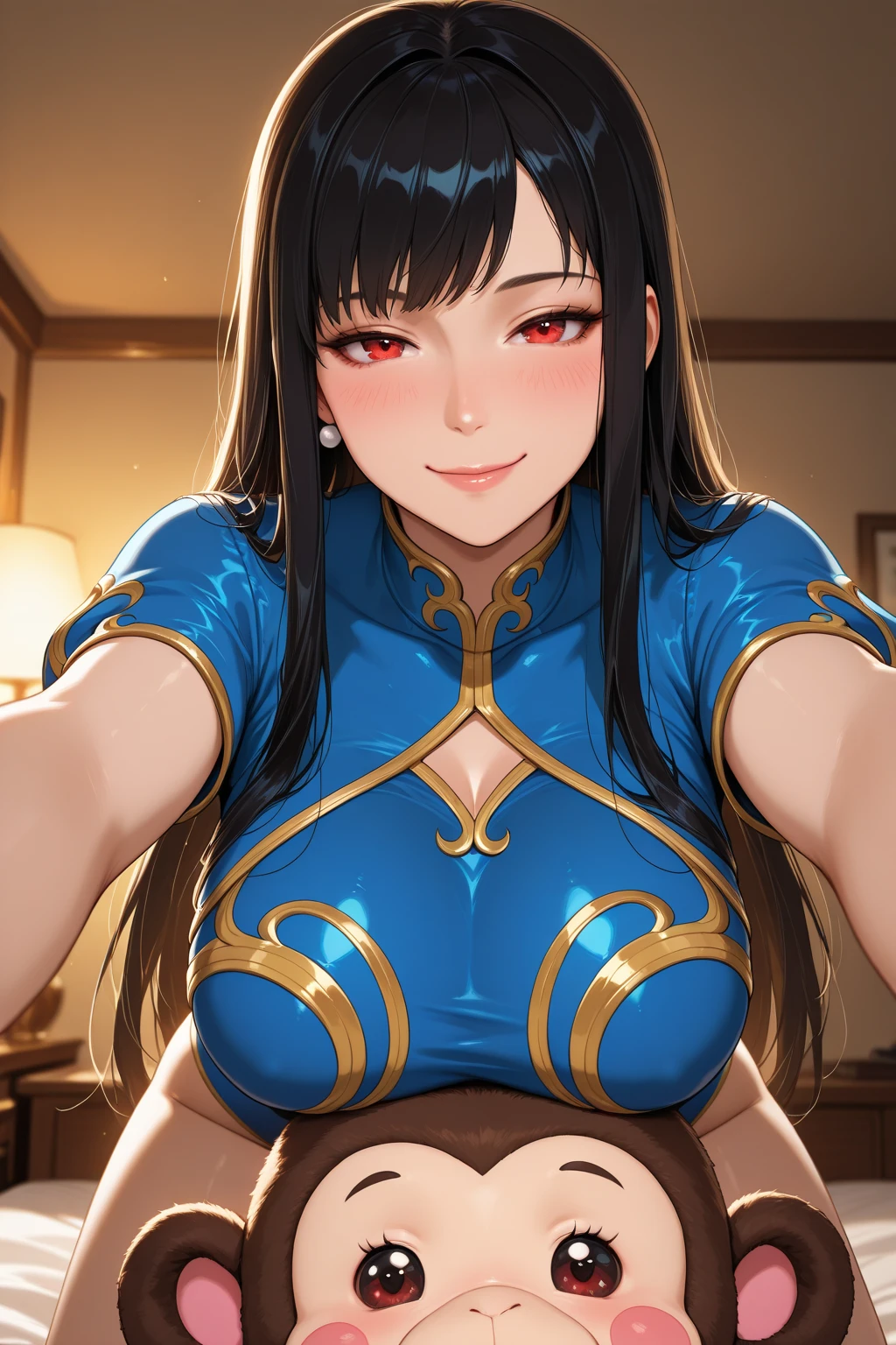 (masterpiece, best quality:1.2), POVHipGrabCowgirl, hetero, vaginal, 1girl, shenhua, makeup, smile, looking at viewer, completely nude, thigh strap, large breasts <lora:blacklagoon_shenhua-17:0.9> <lora:CONCEPT-HipGrabCowgirl:1>