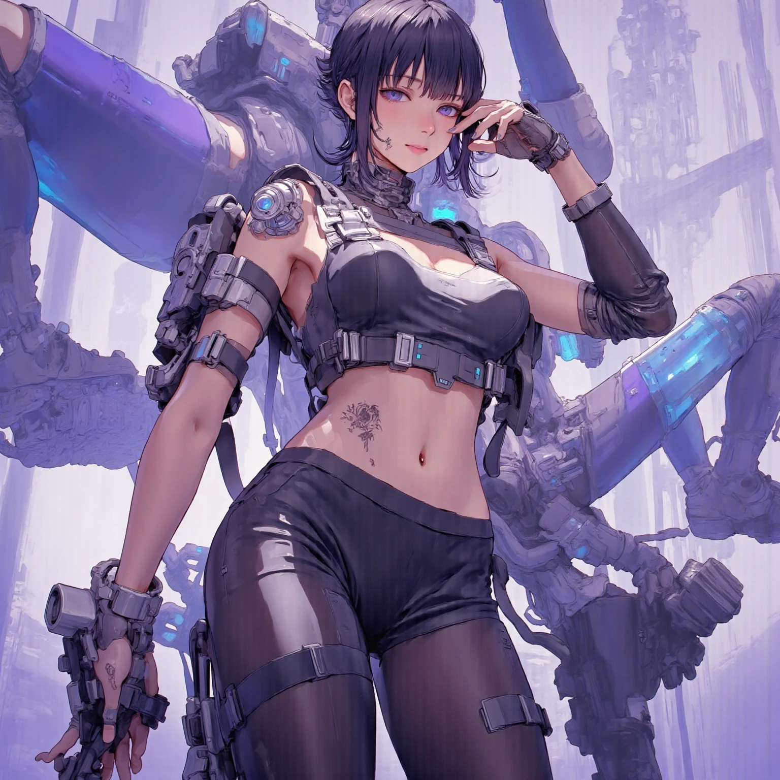 (reelmech: 1.5), bonita 1girl, absurdres, 9k uhd, cabelo preto, corte bob, seios médios, camisa social sport, shorts jeans, half robot , magnólias, macieira, cameltoe, detailed mechanics, mechanical arm, human arm, gears on the leg, human leg, aura de poder brilhante, pose social, visão dinâmica, glowing chest core, robotic left leg, detailed mechanism, human right leg --auto