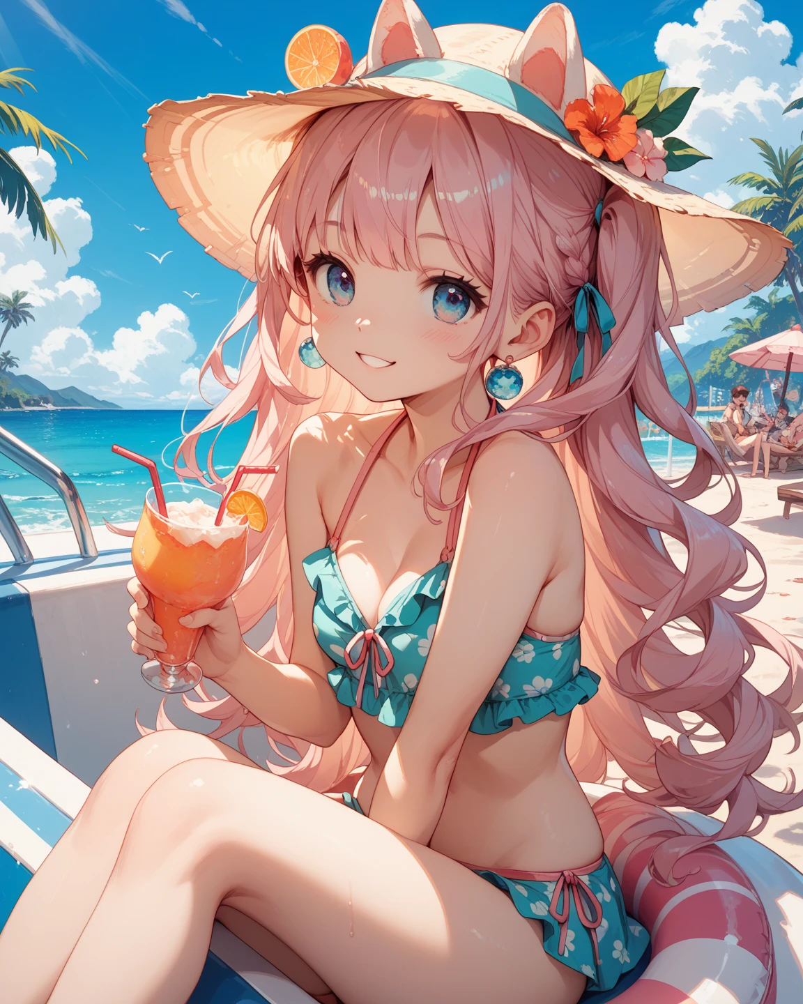 A cute girl，Pink Hair，Wearing a polka dot swimsuit，Large Breasts，at the seaside，Next to it is the Summer Ice Drink Shop，Several coconut trees and beach chairs on the beach，Blue sky and white clouds，cold drink，Colorful style