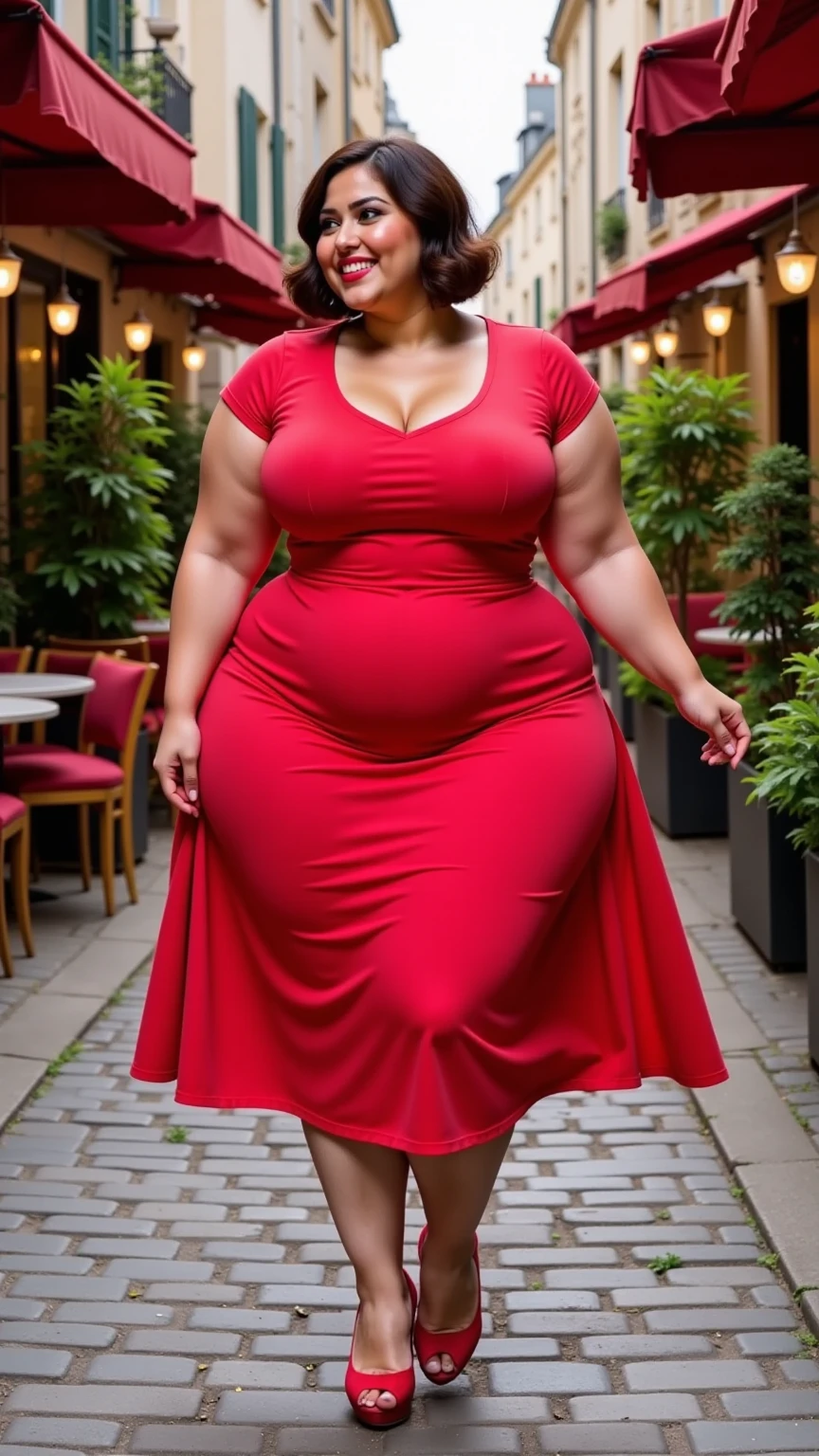 on the street,Fat woman,Very fat,Very fat,Light red clothes (No cleavage),thigh, cosmetic, Outdoor sports, earrings, necklace, High-necked cheongsam, High target Neck Knit Bodycon Skirt,full-body shot,An Asian Japanese woman,18 years old,big eyes,elegant temperament elegant temperament,(masterpiece:1.2, best quality), Practical, (The real situation,20 years old, Intricate details, Depth of Field,High target neck clothes), careful, The content is very detailed, This is a perfect face, Perfect body, Large Model, Mature woman, High target,Black mesh garter stockings,8K,best quality, masterpiece, Ultra-high resolution,(lifelike:1.4), original photo, Stay focused, detailed, dramatic, Exquisite beautiful woman, (tall and straight:1.1),(Fat goddess desetallic high collar,High target collar fitted skirt),half butterfly earrings, double ring necklace, (:1.05), (65 years old, : 1.4),Long curly hair, Dynamic Angle, (Red lips)Beautiful graphics, Pleated Skirt and Fishnet Stockings,High target heel