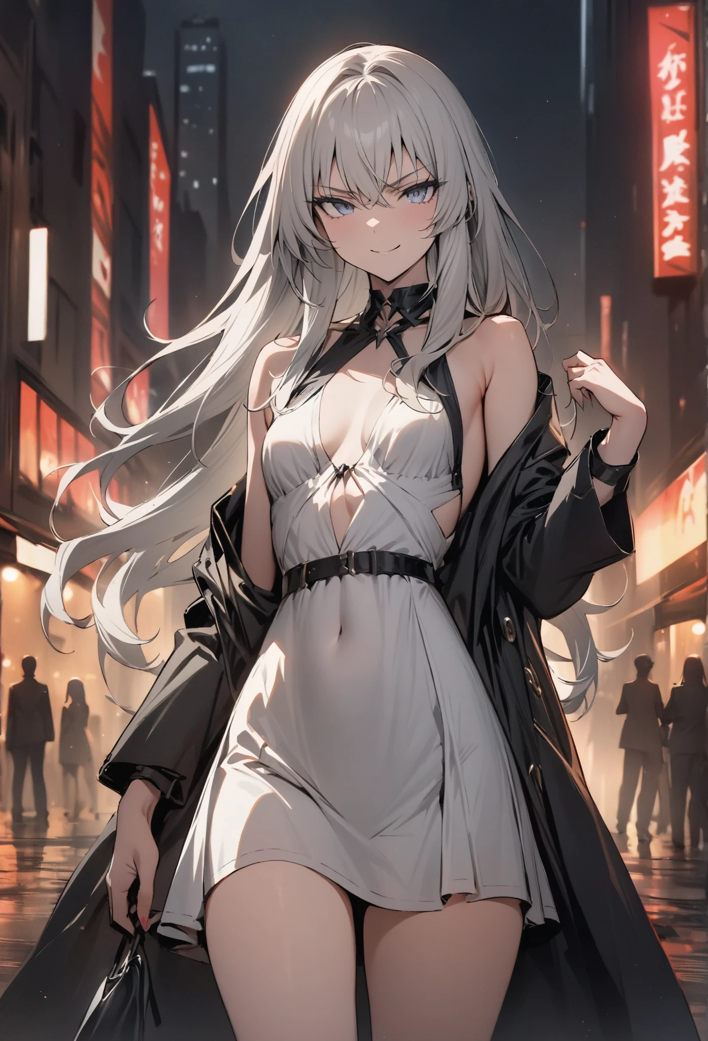 ((masterpiece, top quality:1.2)),(soro),cowboy shot,Slender female mafia,Standing in the city at night, Silver Hair,long hair,perfect eyes,Beautiful skin,small breasts,white dress,black heels,Serious smile