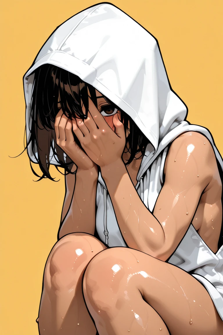 (((pov))), Photo of a malay female with small breasts (((lying on the bed))) inside (girl's bedroom), 20yo, petite, skinny, slender body, short body, ((((dark skin)))), dimples, light, detailed face,embarassed face, ((looking disgusted)), ((bulging eyes)), (dissapointed), ((hands holded by viewers)), Perfect breasts, tiny breasts, natural breasts, flat breast, flat chest, A cup, (((hijab))), (((open pijamas shirt))), ((sports bra)), (((pulled down pijamas pants))), ((sports panties)), (sweat)