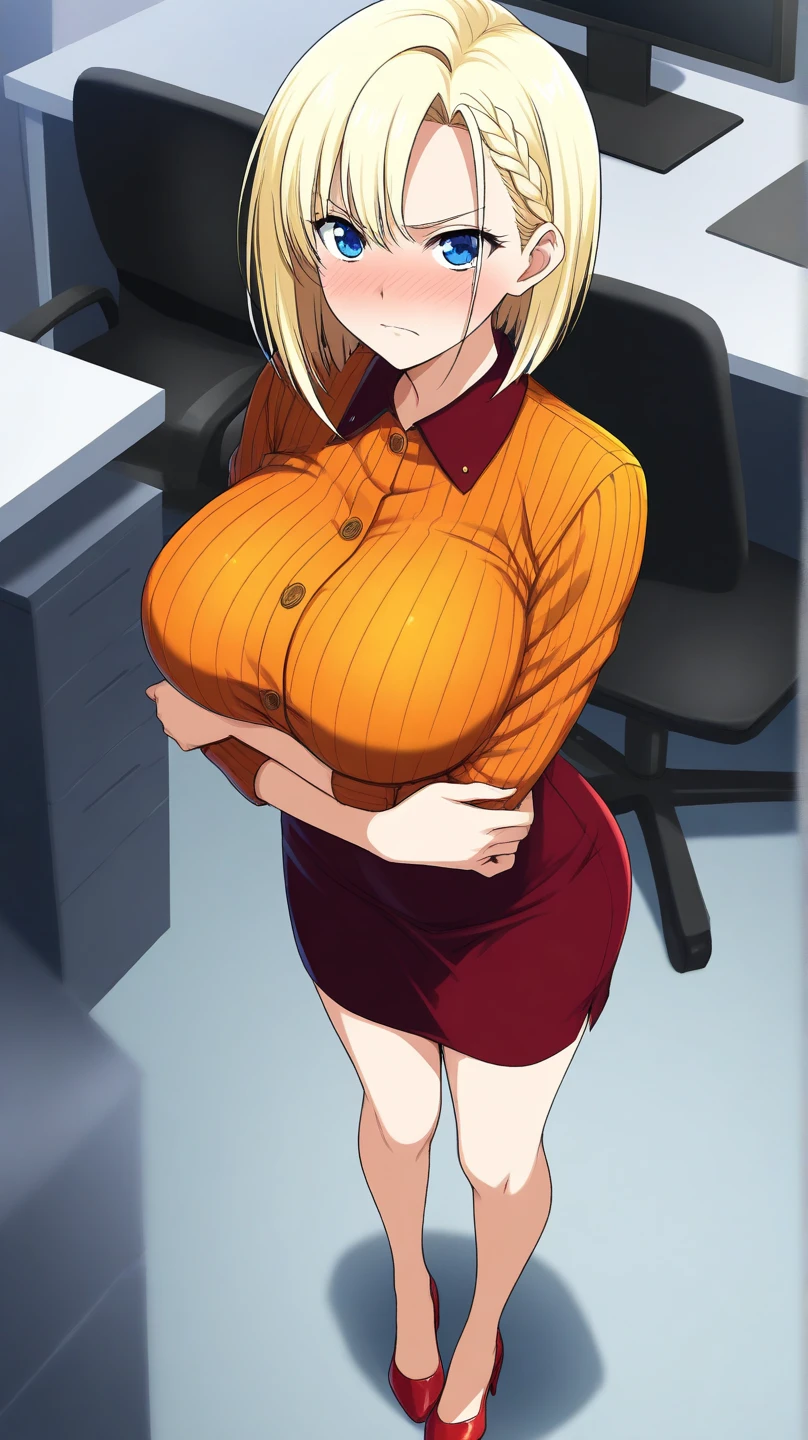 A sexy sensual woman beautiful beautiful attraction big breast long blonde yellow hair her gray eye wears a white button-down office shirt and a short purple skirt