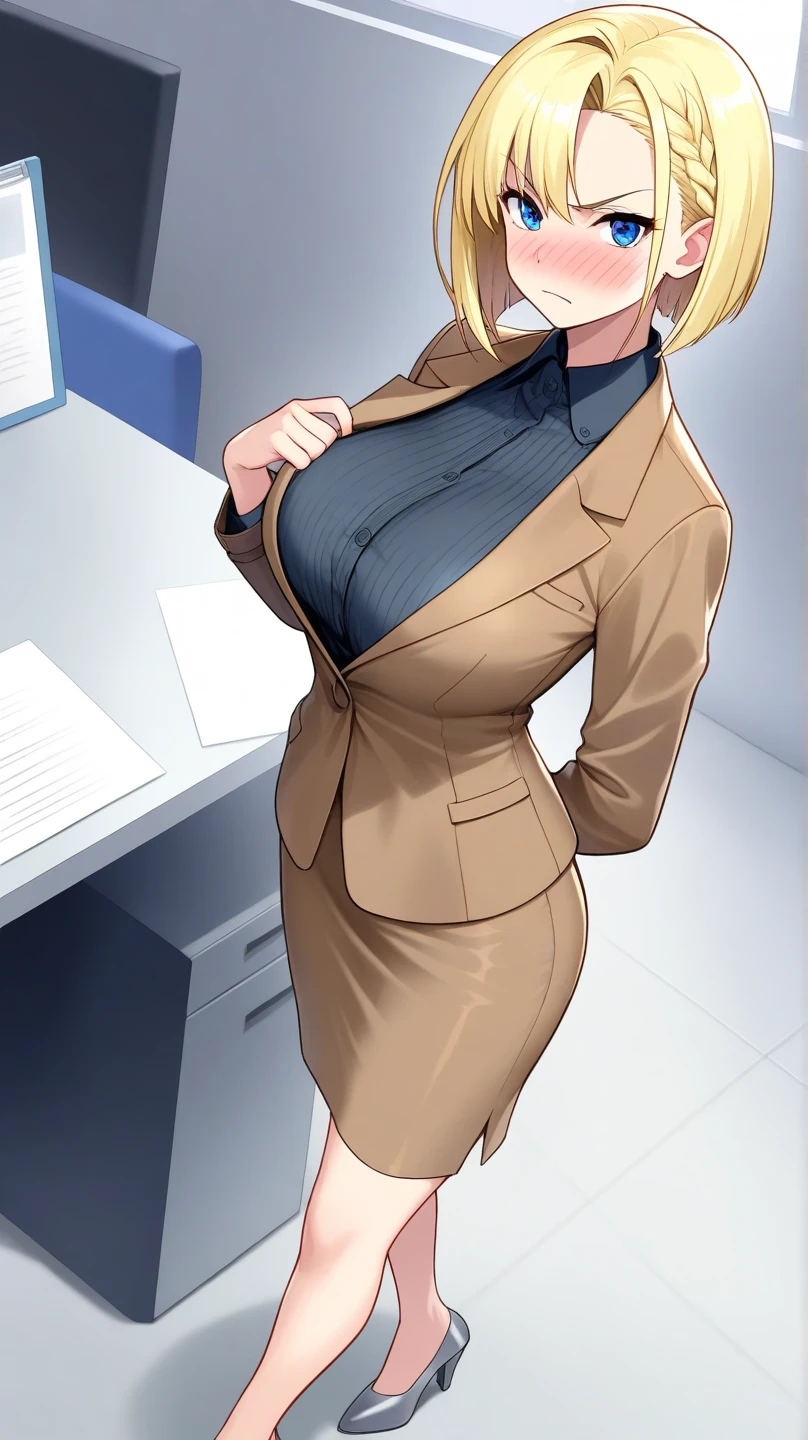 (best quality, masterpiece, perfect face),secretary, office lady, office, smile, cowboy shot, caucasian, blonde hair, suit, <lora:handpull-12:0.9>,handpull, (one breast out), breast, (nipple), leaning over desk, (looking at viewer:1.1), <lora:GoodHands-beta2:1>, (hyper realism, soft light, dramatic light, sharp, HDR)