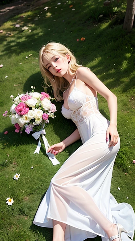 ((best quality)), ((masterpiece)), ((perfect face))、((detailed boobs))、Detailed and clear photos、slender body、long legs、full body shot、smile、(((topless wedding dress)))、((blonde short hair))、(((spread legs)))