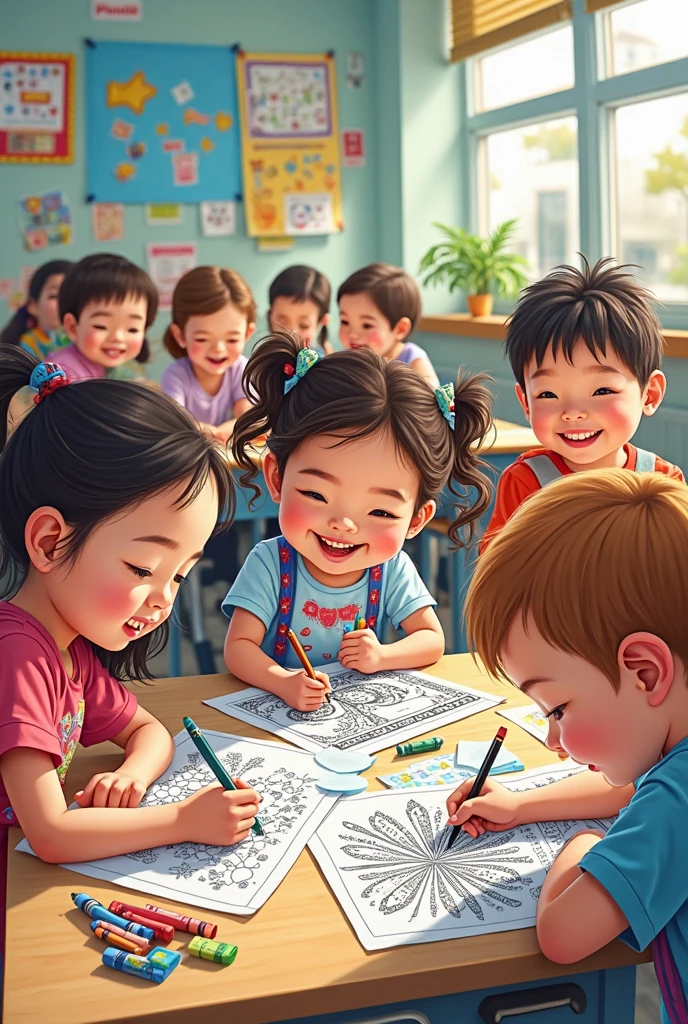 A bright and cheerful play school classroom filled with colorful toys, books, and playful decorations. The walls are adorned with alphabet posters, numbers, and smiling cartoon animals. Children are happily engaged in different activities like drawing, building blocks, and playing with stuffed animals. The atmosphere is full of joy and learning. Realistic image