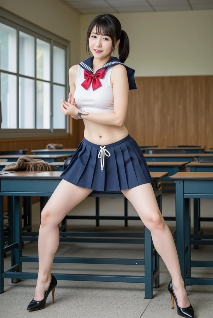 (best quality, 8k, photorealistic:1.5),(beautiful Japanese girl),((one woman)),(solo female:1.1),(one person photo:1.3),(front photo),(very muscular),(whole body muscular),(bodybuilder),(amazing abdominal muscles),(shiny skin),(light brown hair color),(Bend legs and open thighs),(squat down),(baby face:1.5),(big beady eyes:1.5),(droopy eyes),(impressive eyes:1.5),(cute girl),(sex appeal),(Mini thong:1.3),(Mons pubis),(raise both arms behind head:1.4),(lean back),(sunflower),(stretch back),(open legs firmly),(healthy body),(teenager:1.2),(school uniform costume play:1.3),(Show off crotch),(1 person photo:1.5),(embarrassing:1.5),(pinup model photography:1.5),(pinup girl photography)