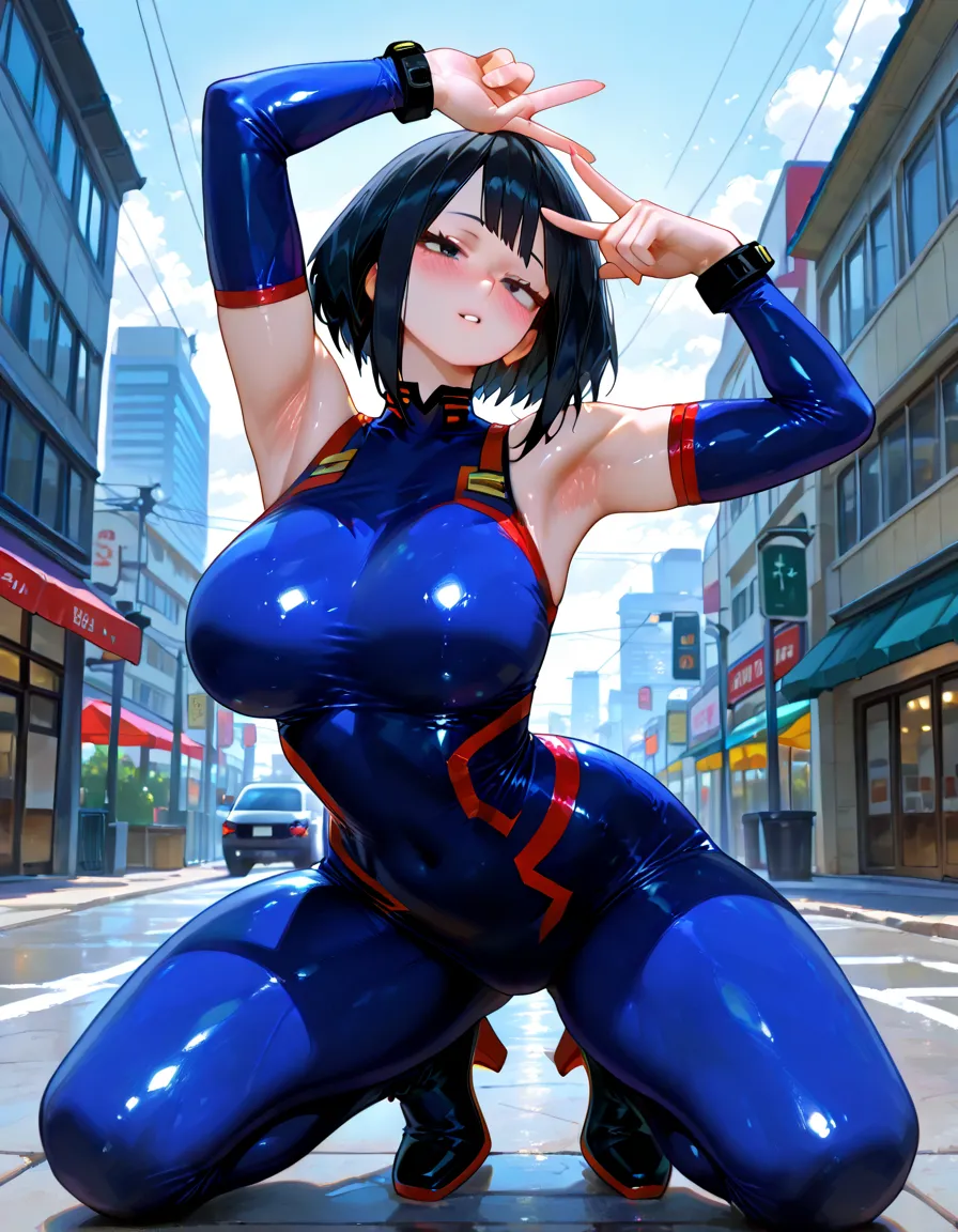 Blue  Sharp picture for girl in  outfit posing in the middle of a city street, full body !  suit, thicc,  in a skintight dress, fullbodysuit, wearing tight suit, in spandex suit, ( ( big  tits  ) ), character is in her natural pose,  suit, tight attire,  body suit, rin  sports  latex cute  