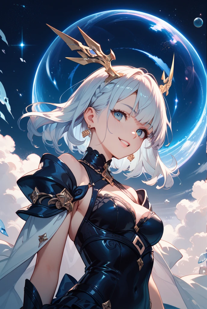 super high quality, with a girl, 20-year-old, very short hair, long bangs between the eyes, pale blue eyes , blue sky, sunlight, very detailed,(masterpiece、highest quality)、alone、gray hair、laughter、White skin as clear as snow、fantasy, silver hair, black eye, beautiful eyes,, ecstasy, charm, be smitten with audience, Fantasy landscape、evening