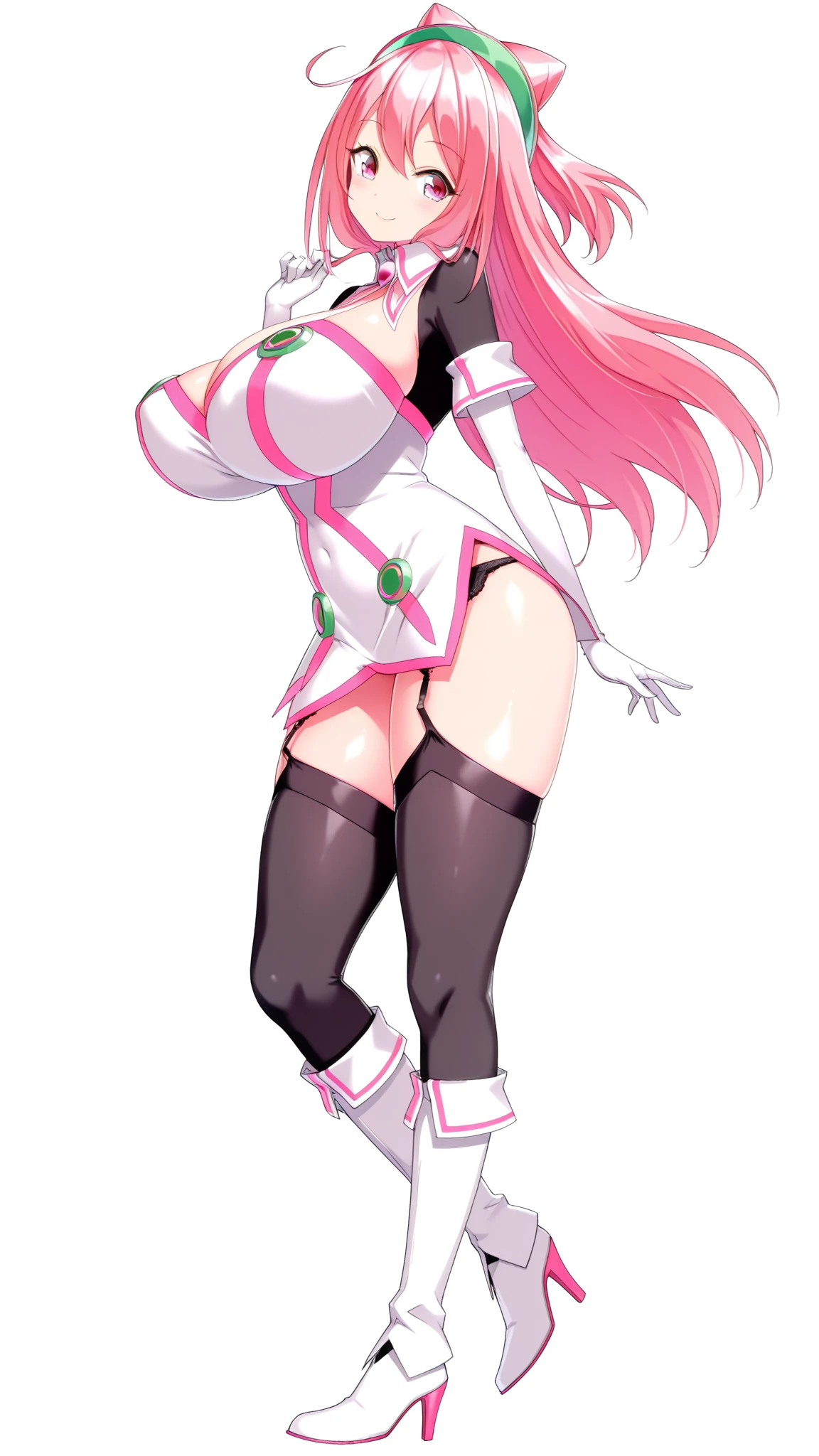 Ultra-detailed illustrations、Ultra-precise expression、masterpiece、Highest quality、ultra High resolution、High resolution、Hiromitsu Takeda Style、White background、Simple Background、Full Body Tights、Pink full face helmet、Bunny ears、Pink Rider Suit、Pink Tight Skirt、goggles、Big Breasts、Pink long gloves、Pink Long Boots、Pink heart belt、Raise one leg、