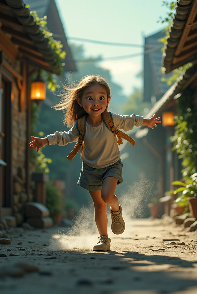 There is a little girl standing on the path with a pair of scissors, sunset, girl dancing in a flower field, girl standing on a mountain, girl dancing on a cliff, girl standing in a flower field, girl standing in a flower field, girl walking on a mountain, a young Japanese girl, sunrise, sunset, girl walking in a flower field with a horse next to it