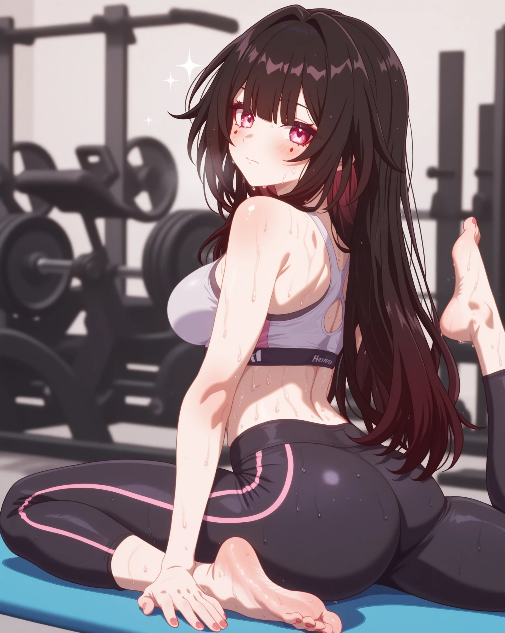 1girl, solo, gym outfit , bangs,happy,posing, multicolored hair, (masterpiece:1.2), highres, best quality, 8k, white tank top t-shirt, gym outfit tight suit, sweating, gym background, Hoshino Ai, symbol-shaped pupils, star-shaped pupils, purple eyes, sparkling eyes, star in eye, symbol in eye