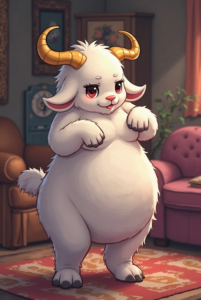 huge hips, broad tarsier, small chest, pointed and floppy ears, 1 pair of ears, kindred, little, White fur, neon blue glitter, fluffy fur, spiritual bow, lamb hoof, kindred mask seen focused on her butt, perspective camera from behind, head slightly turning to look at the viewer