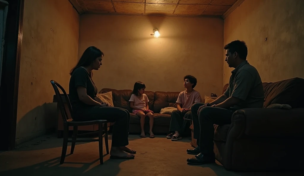 An angry couple with opposing looks, sitting with your back to us. And some children locked in a cage wanting to get closer to each other.